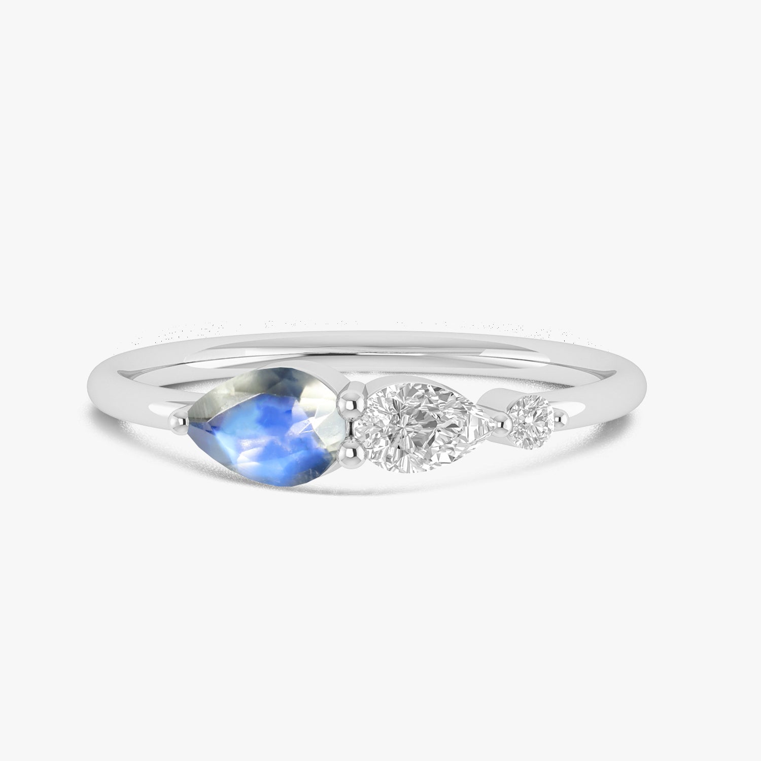 Rainbow Moonstone Pear Three Stone Ring