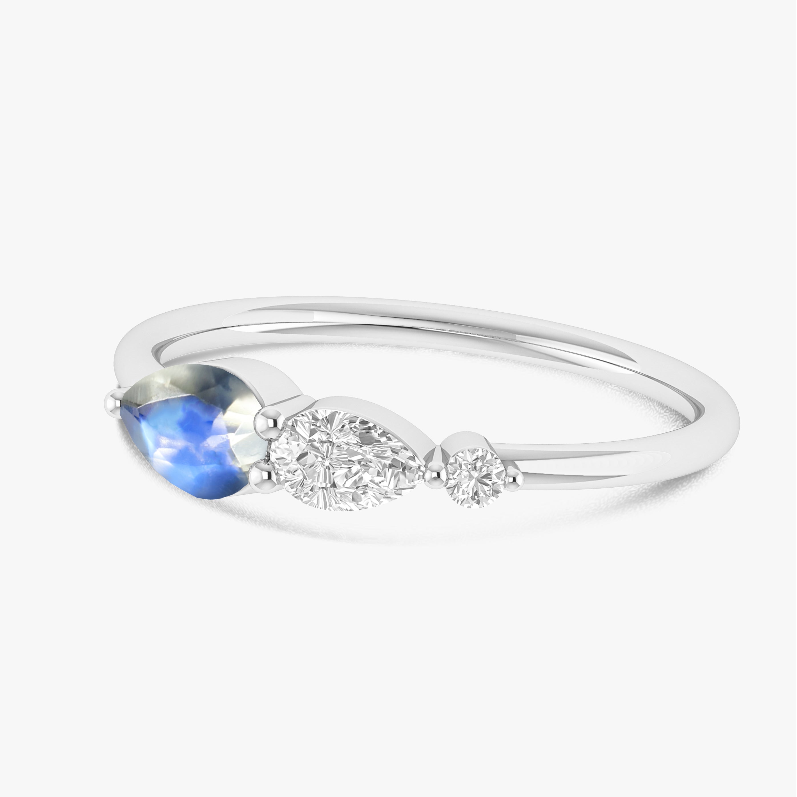Rainbow Moonstone Pear Three Stone Ring