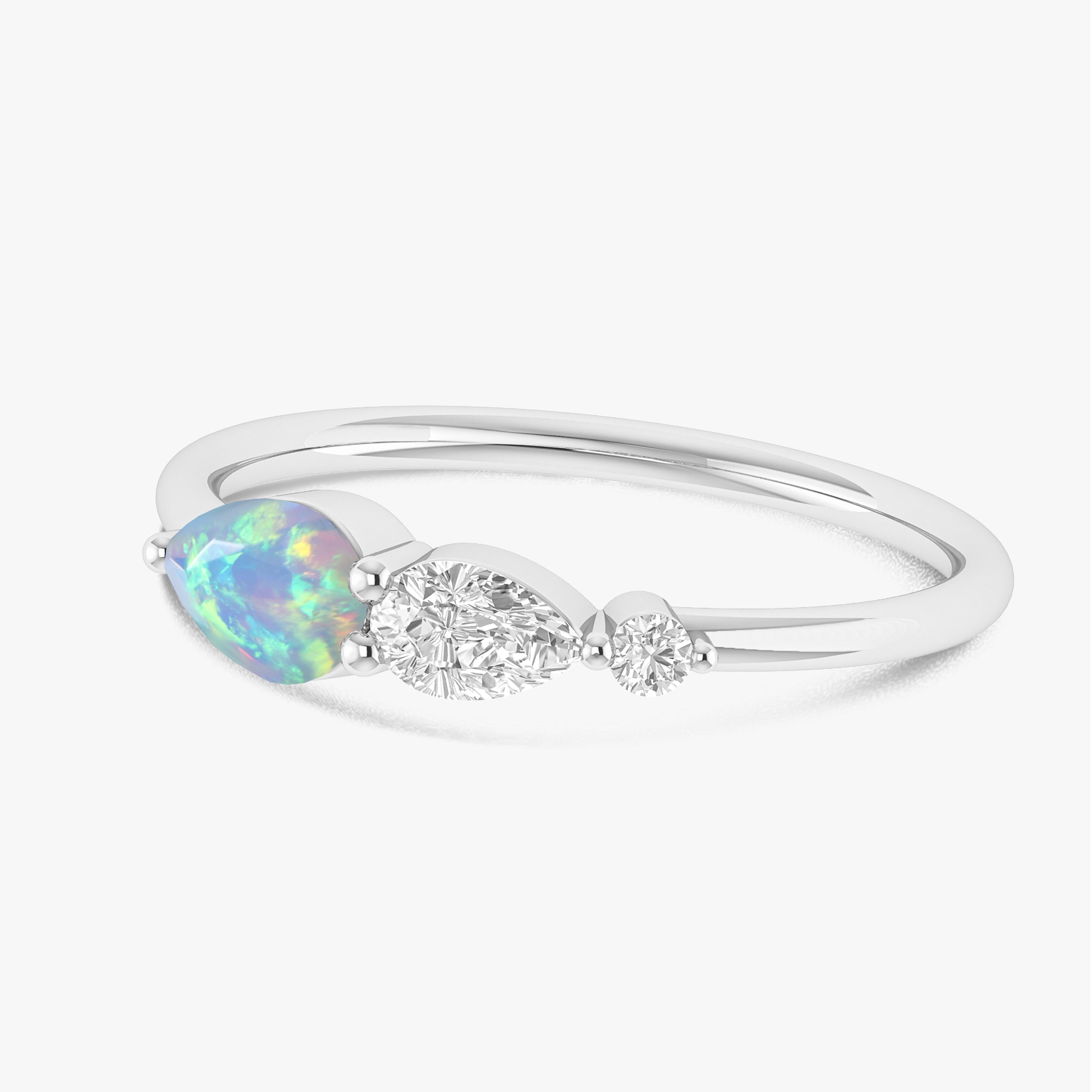White Fire Opal Pear Three Stone Ring