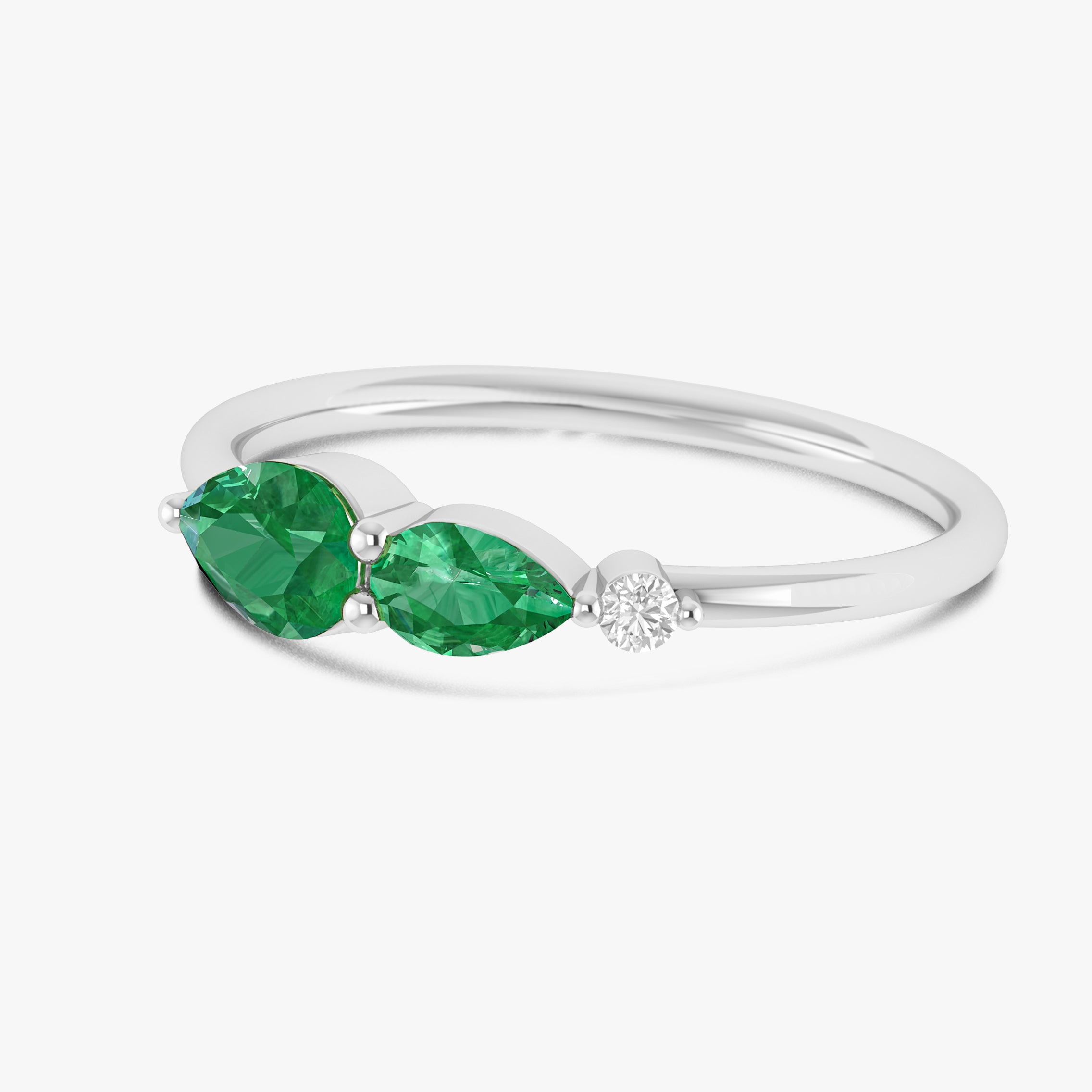Green Emerald Pear Three Stone Ring