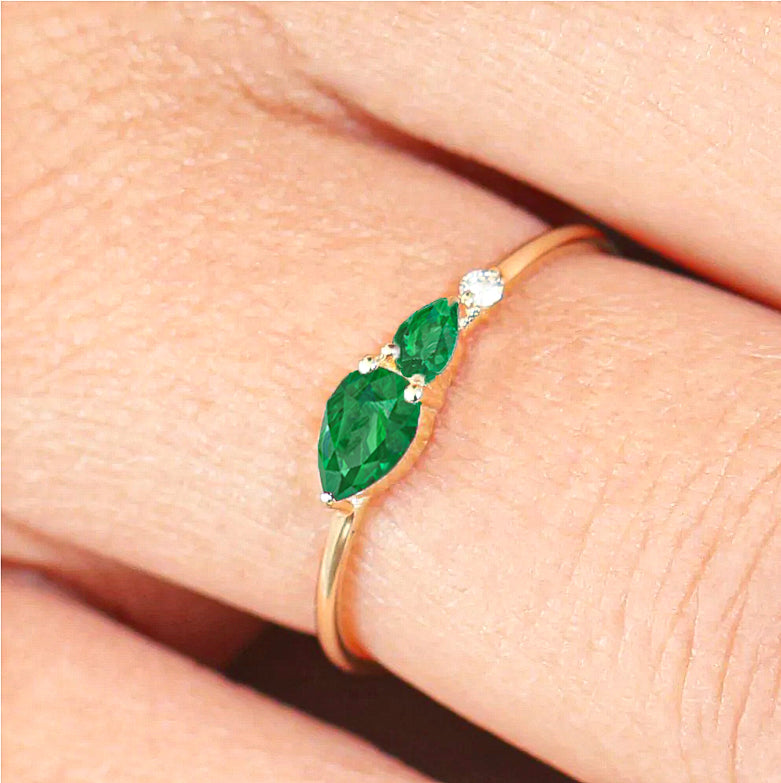 Green Emerald Pear Three Stone Ring