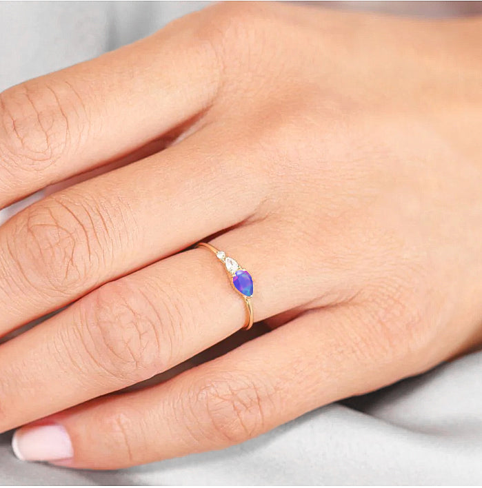 Lavender Fire Opal Pear Three Stone Ring