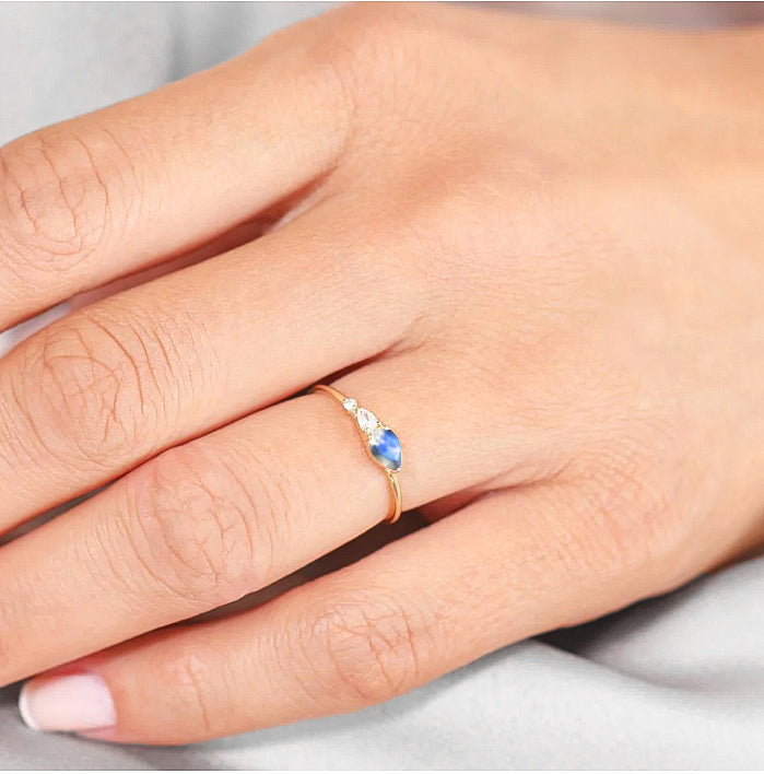 Rainbow Moonstone Pear Three Stone Ring