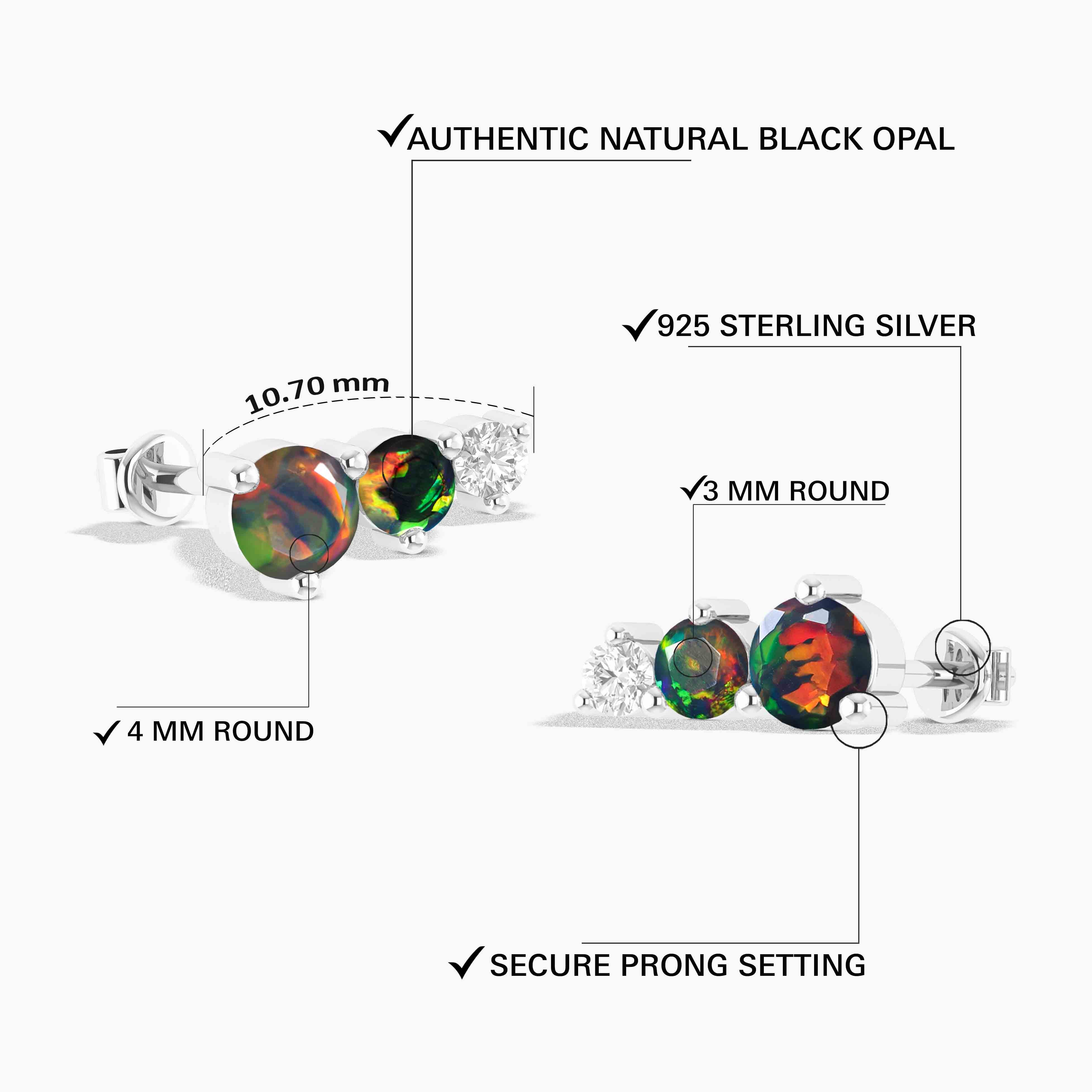 Black Opal Round Stud Earring in 925 Silver 1.1ct