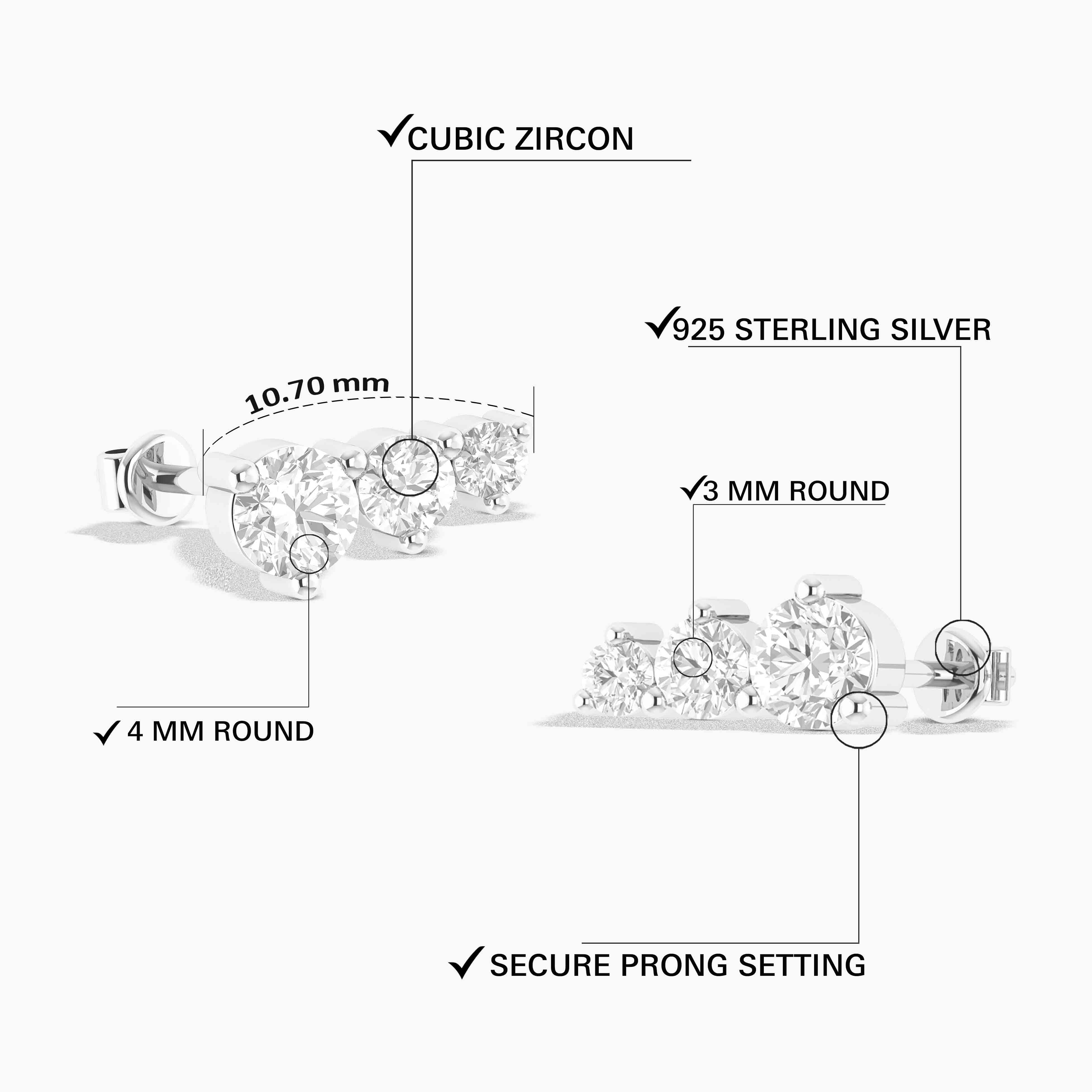 Cubic Zirconia Round Stud Earring in 925 Silver 1.5ct