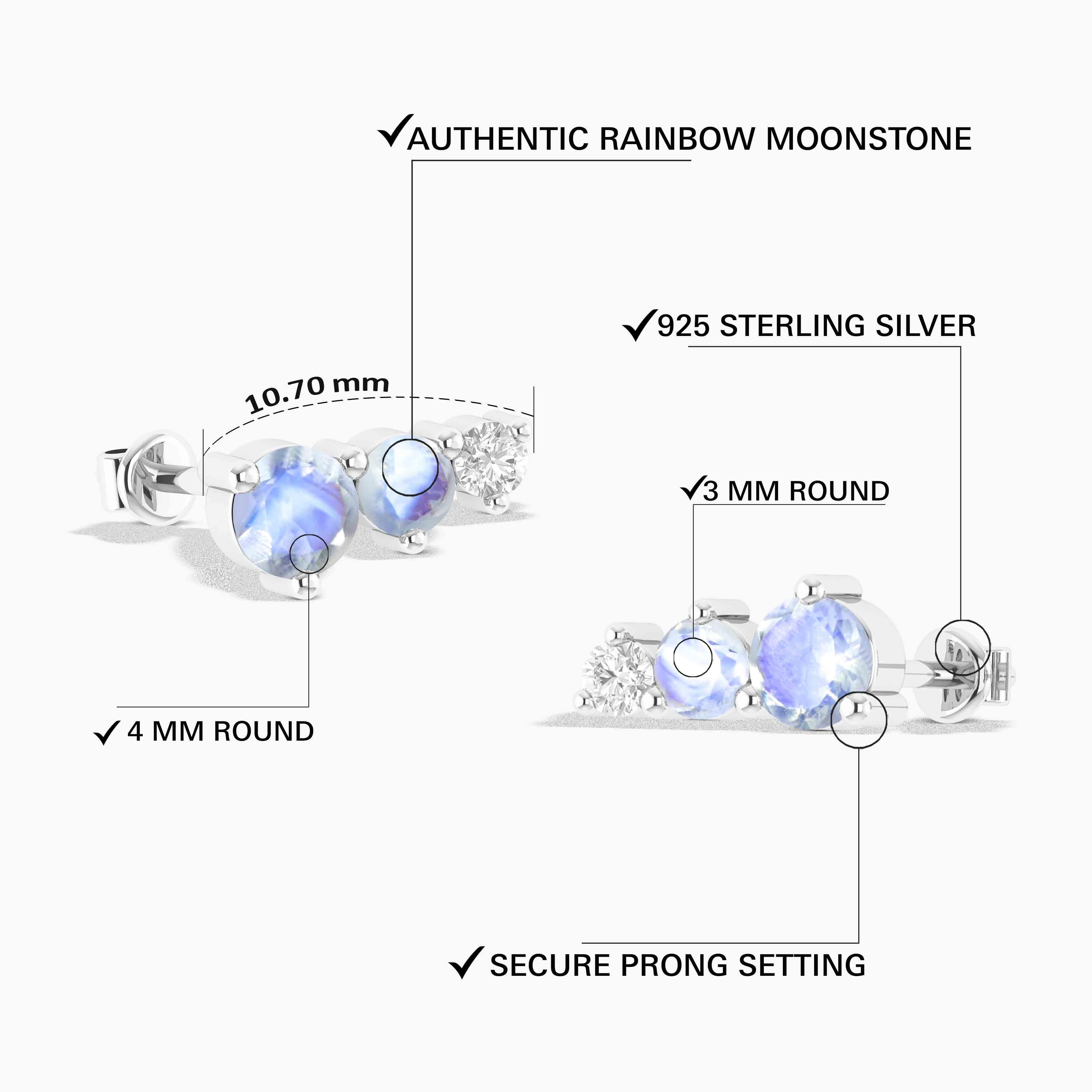 Moonstone Round Stud Earring in 925 Silver 1.5ct
