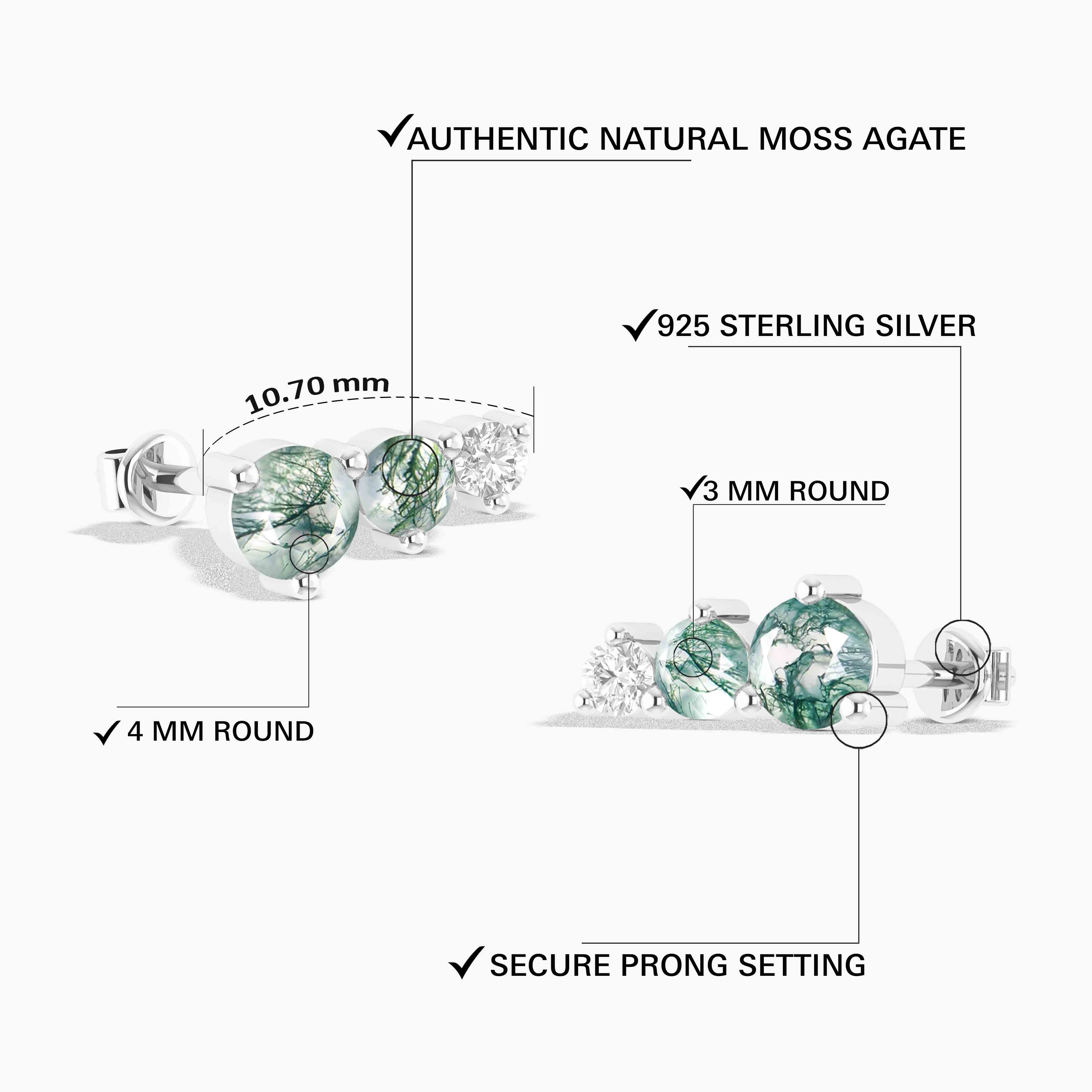 Moss Agate Round Stud Earring in 925 Silver 1.5ct