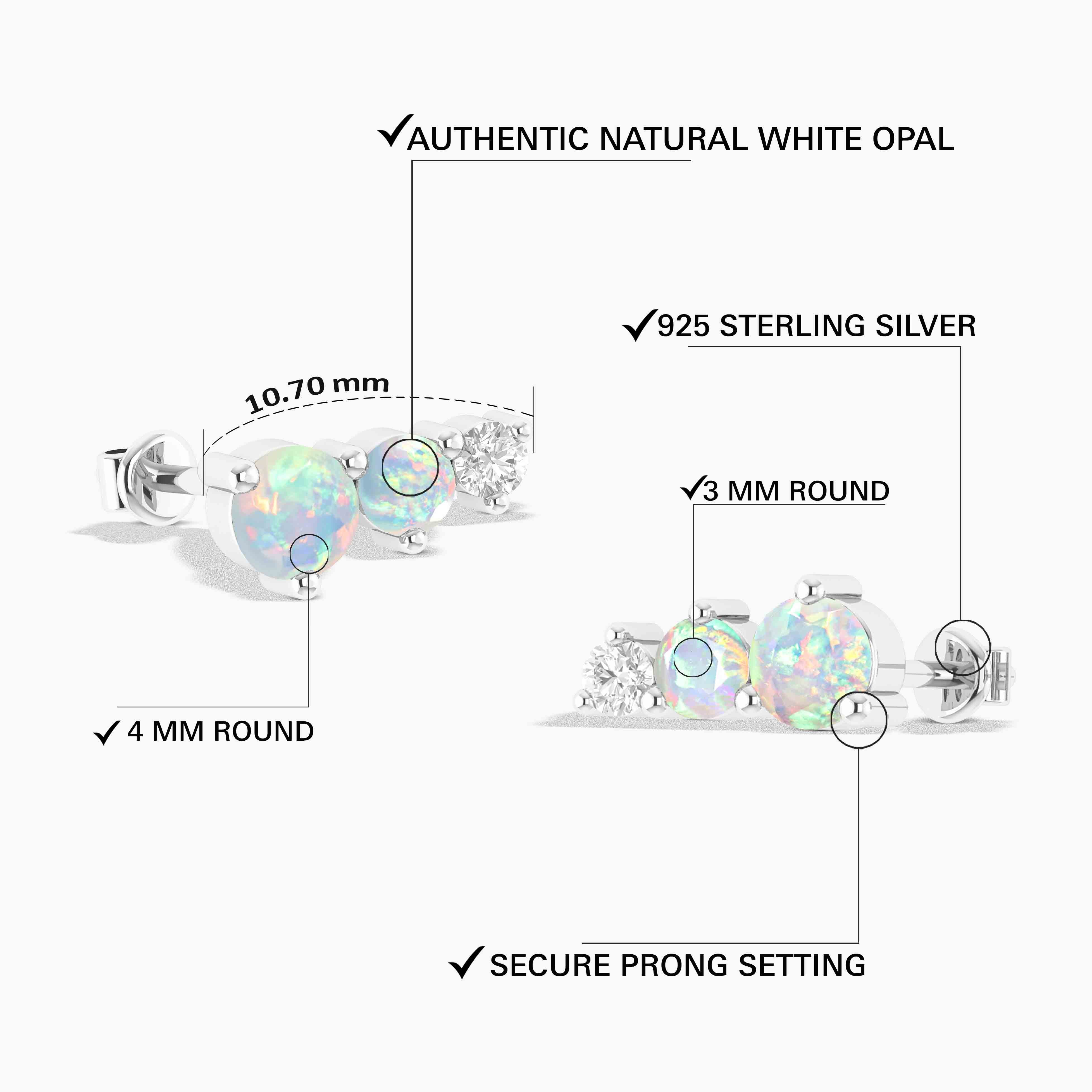 White Opal Round Stud Earring in 925 Silver 1.1ct