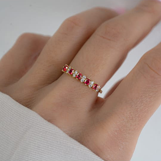 Half Eternity Ring with Natural Ruby and White Zircon