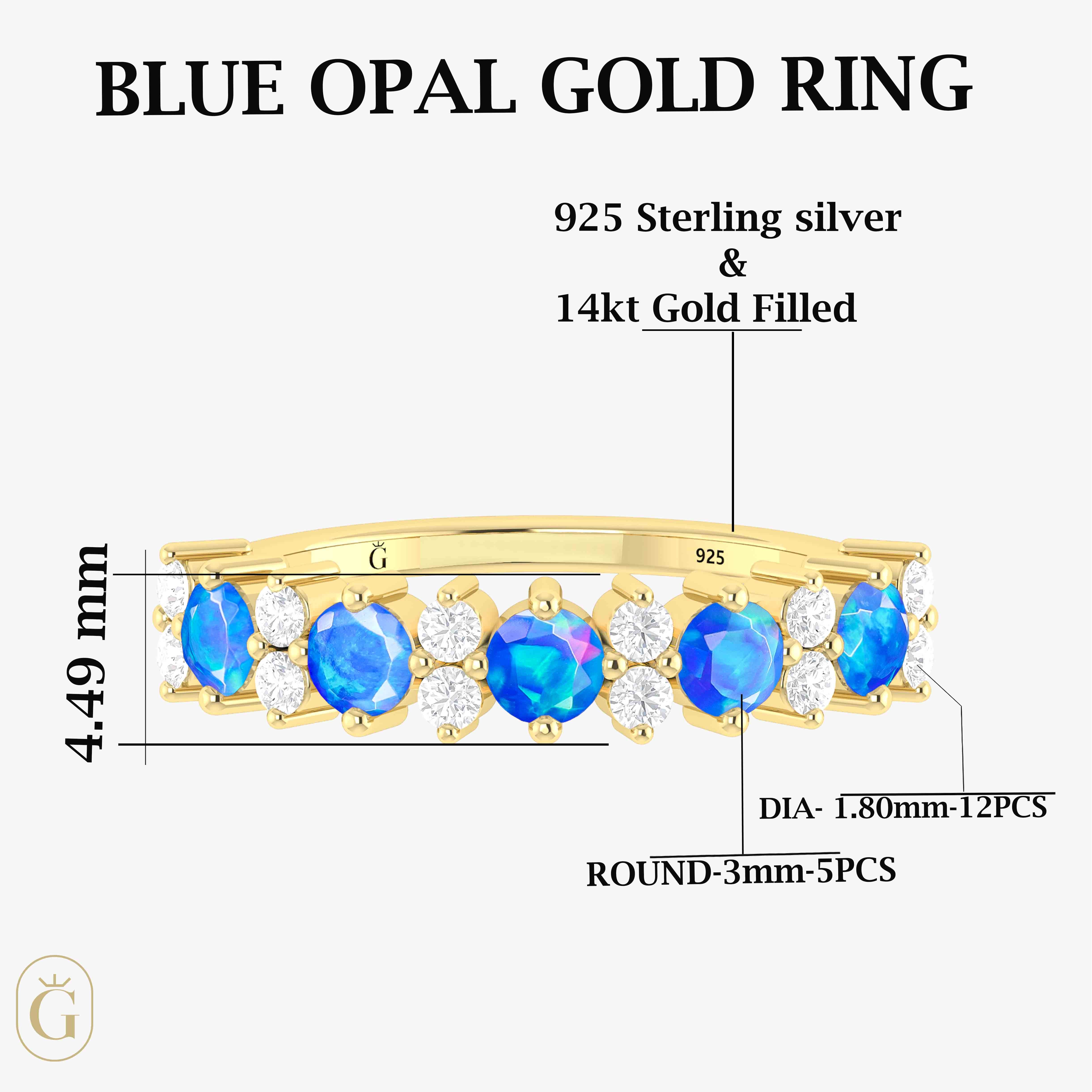 Half Eternity Ring with Natural Blue Opal and White Zircon