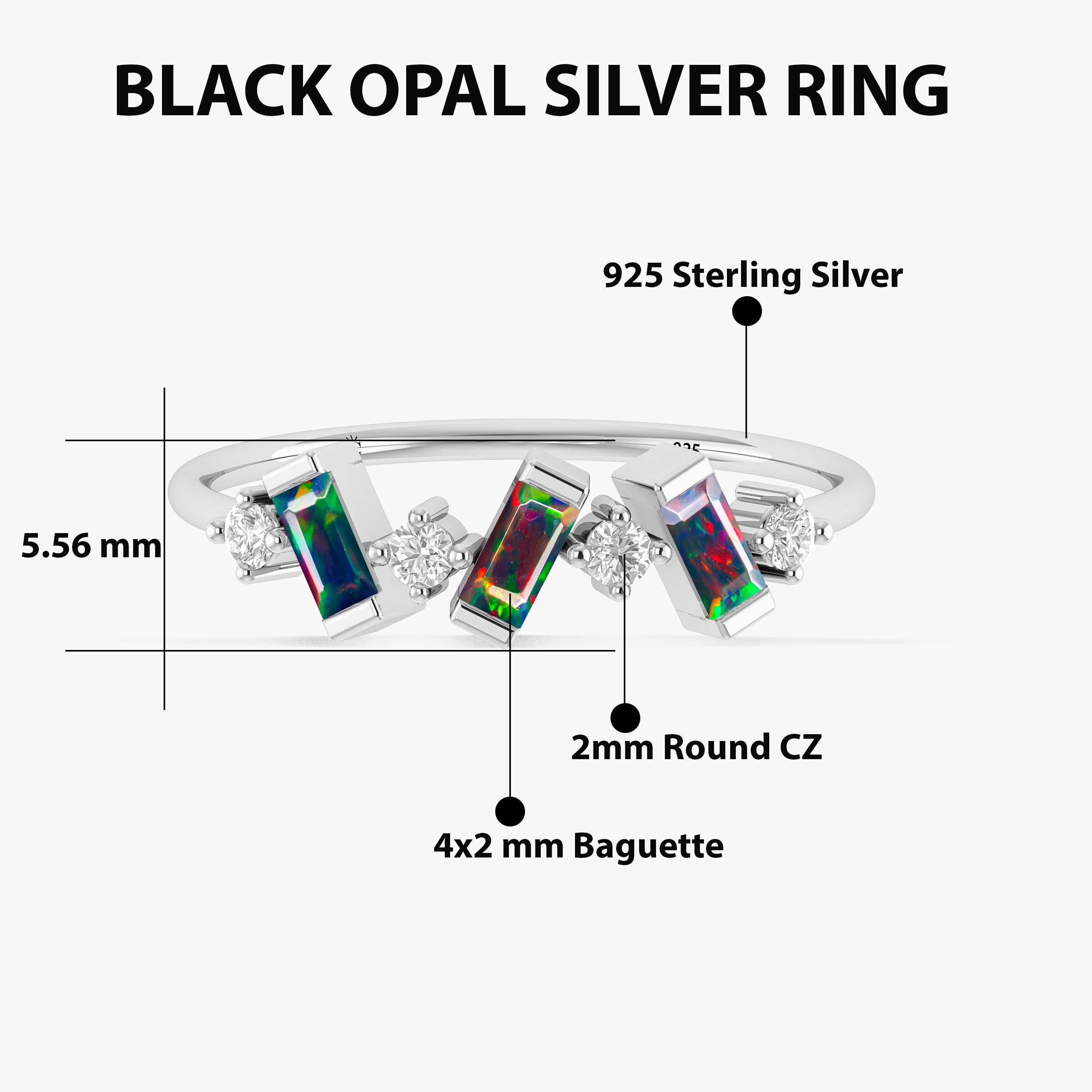 Natural Black Opal Baguette Shape Designer Three Stone Ring