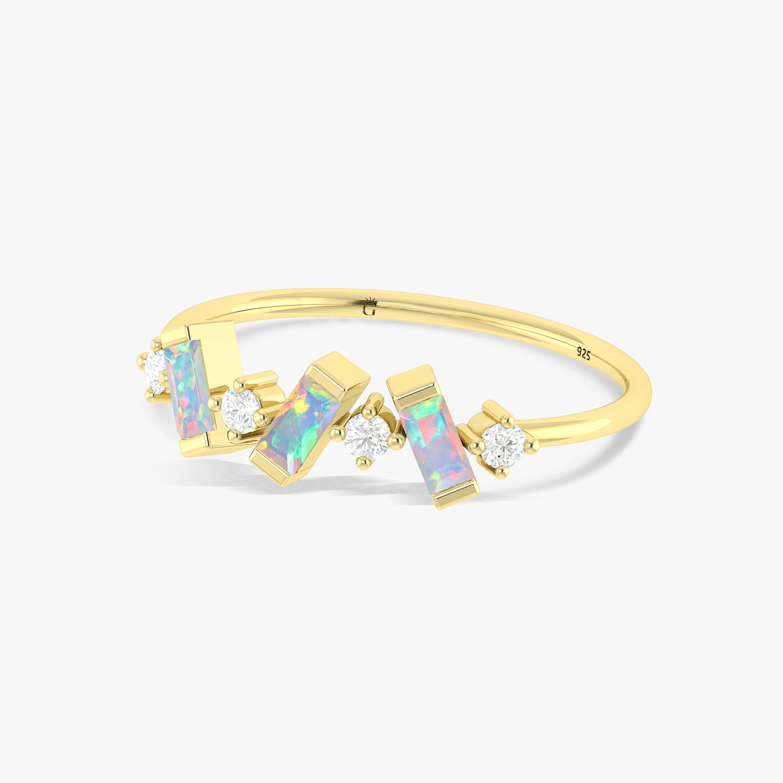 Natural White Opal Baguette Shape Designer Three Stone Ring