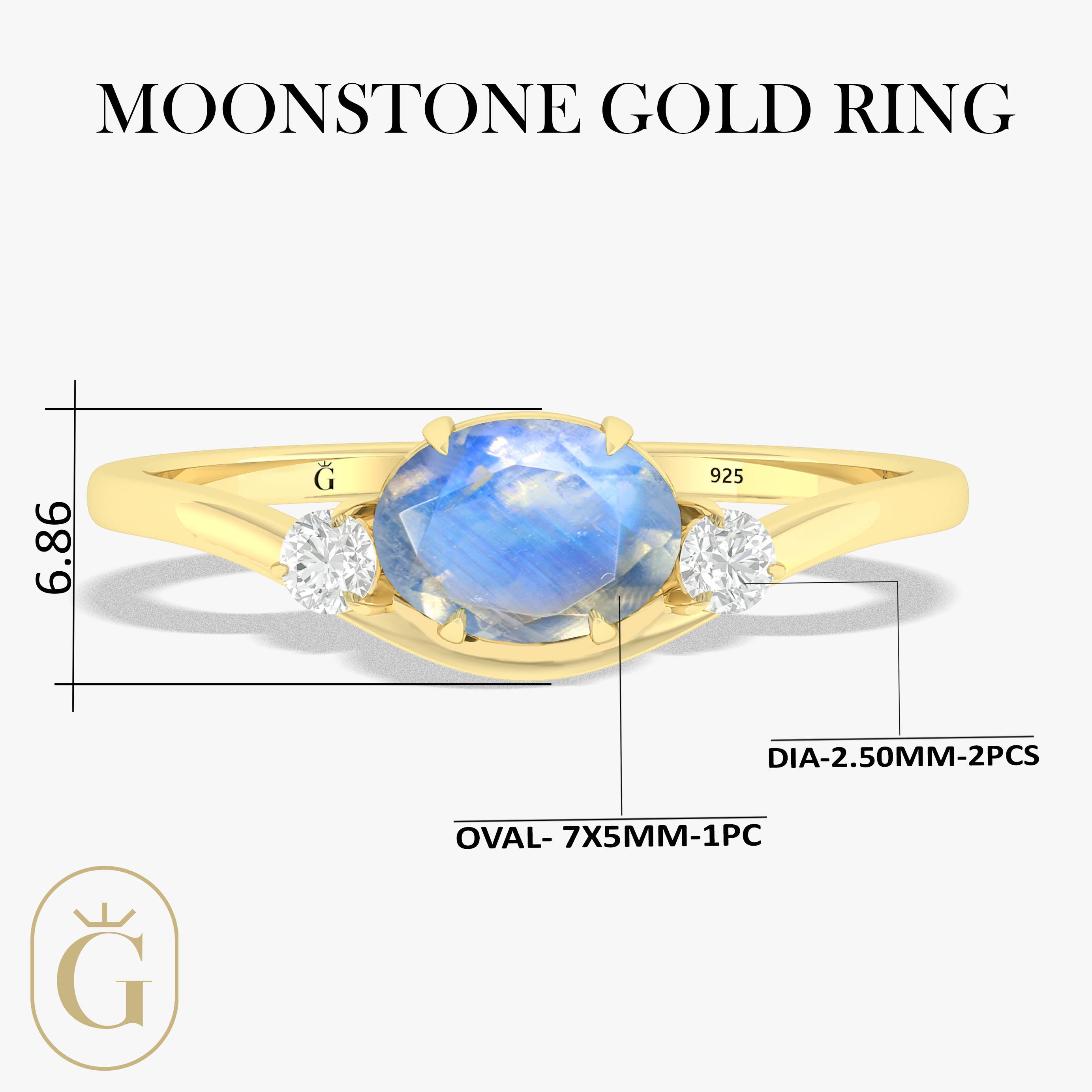 Oval Shape 7X5 MM Natural Moonstone Three Stone Ring