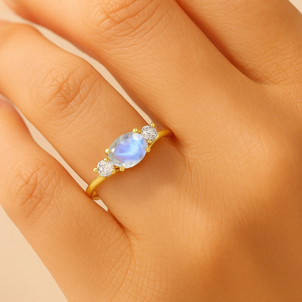 Oval Shape 7X5 MM Natural Moonstone Three Stone Ring