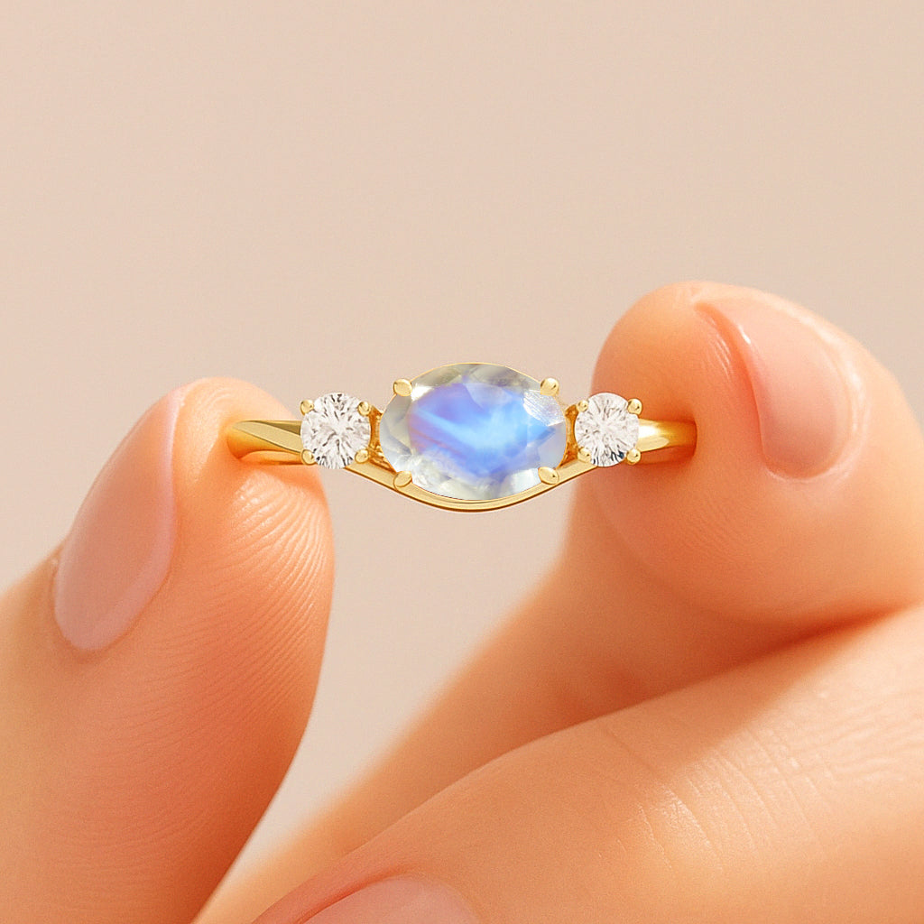 Oval Shape 7X5 MM Natural Moonstone Three Stone Ring