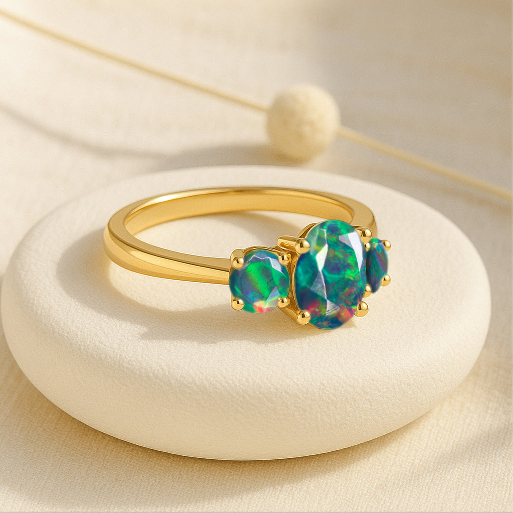 Engagement Wedding Three Stone Rings with Natural Black Opal