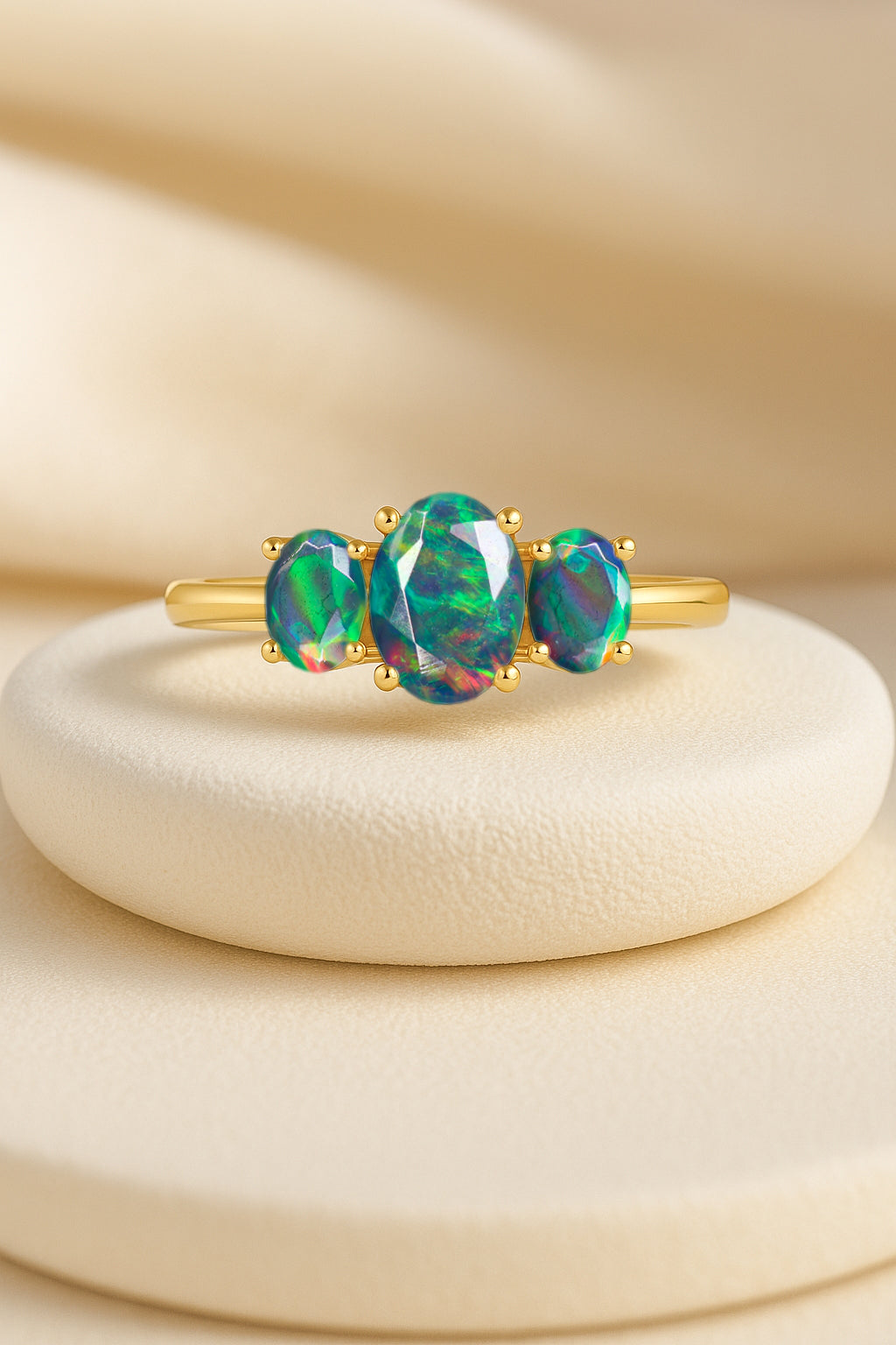 Engagement Wedding Three Stone Rings with Natural Black Opal