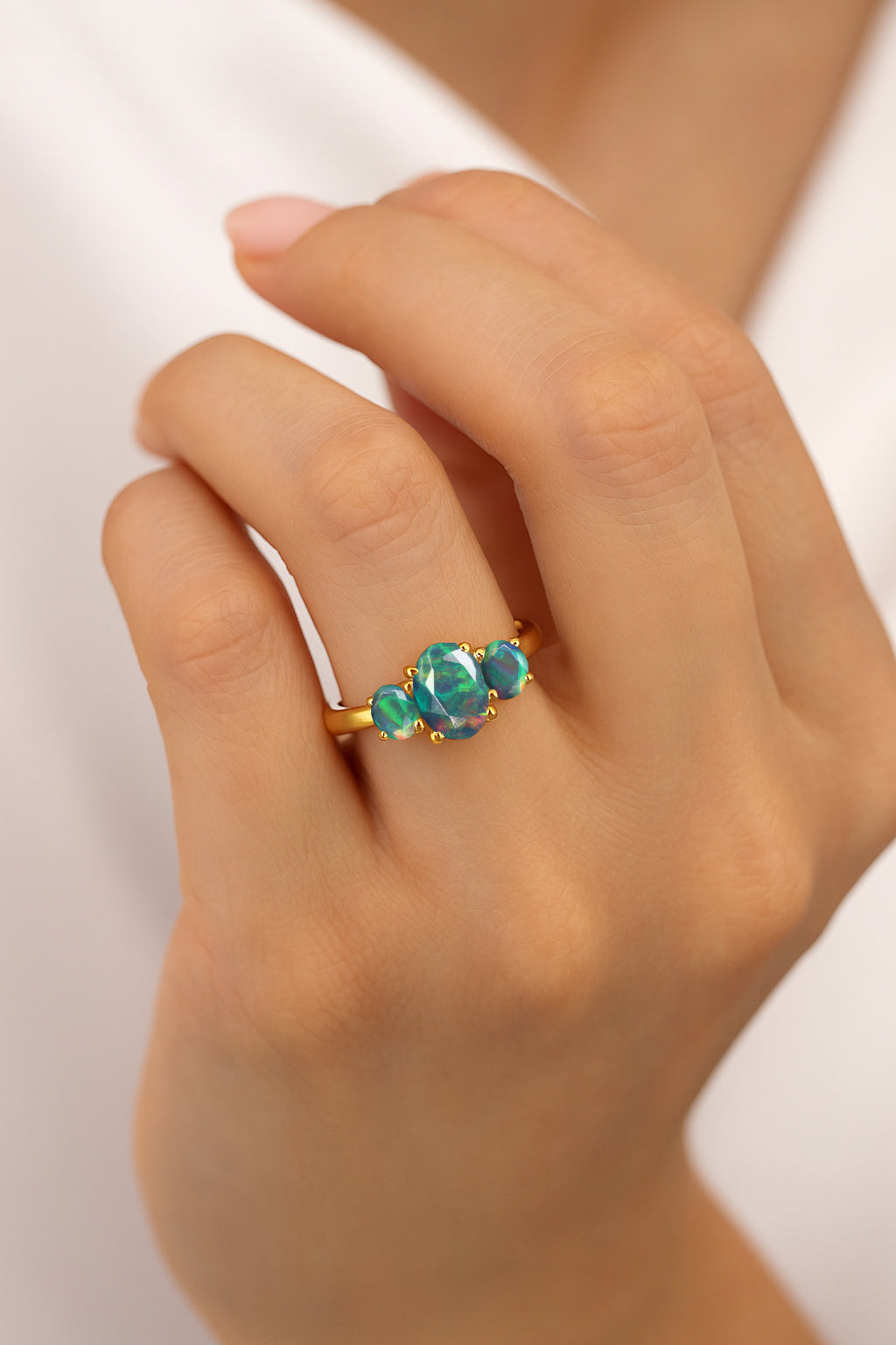 Engagement Wedding Three Stone Rings with Natural Black Opal