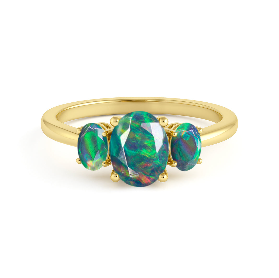 Engagement Wedding Three Stone Rings with Natural Black Opal