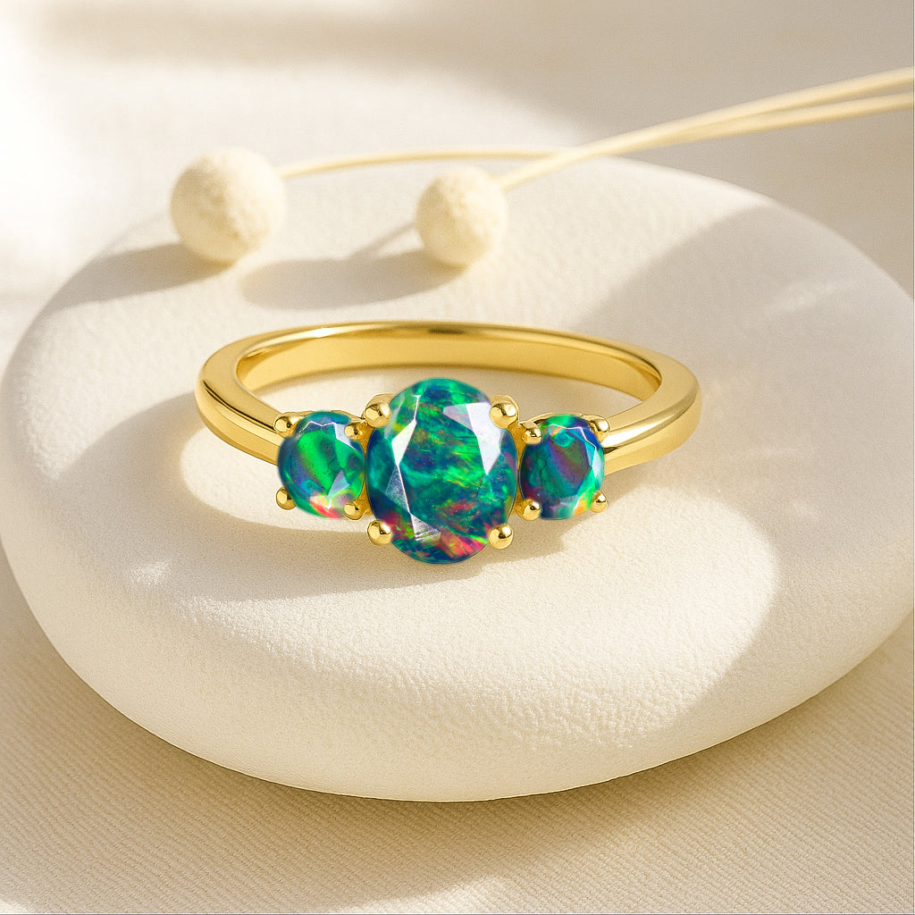 Engagement Wedding Three Stone Rings with Natural Black Opal