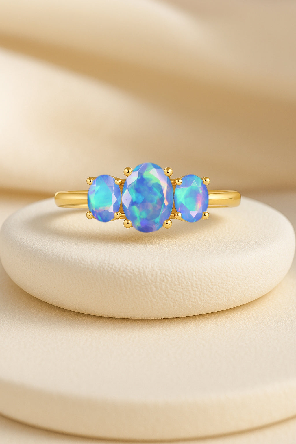 Engagement Wedding Three Stone Rings with Natural Blue Opal
