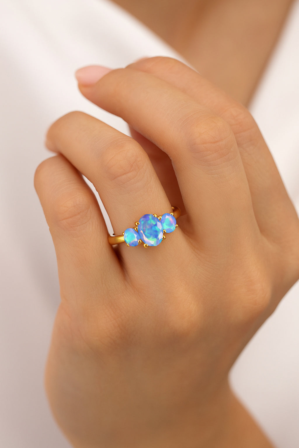 Engagement Wedding Three Stone Rings with Natural Blue Opal