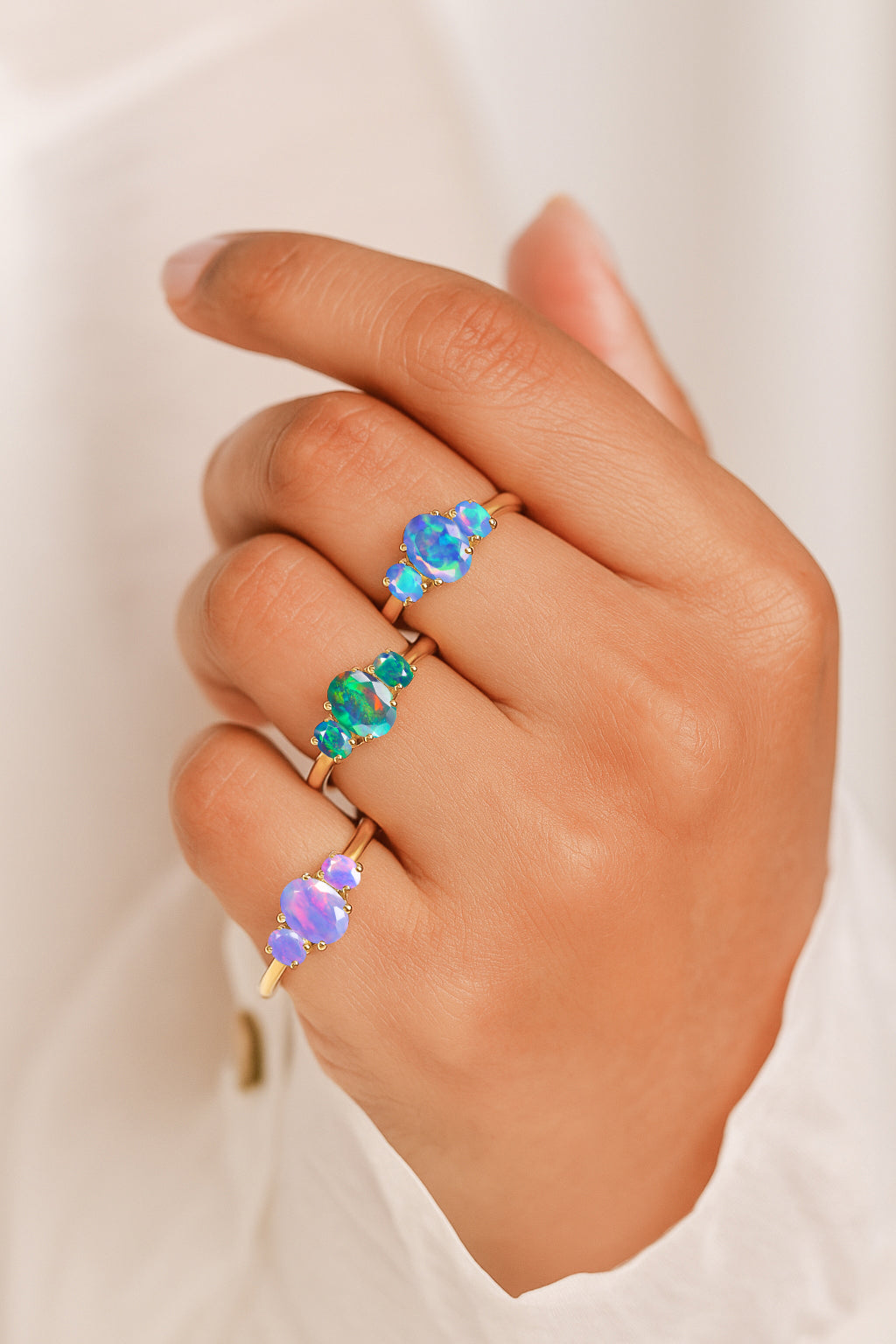 Engagement Wedding Three Stone Rings with Natural Blue Opal
