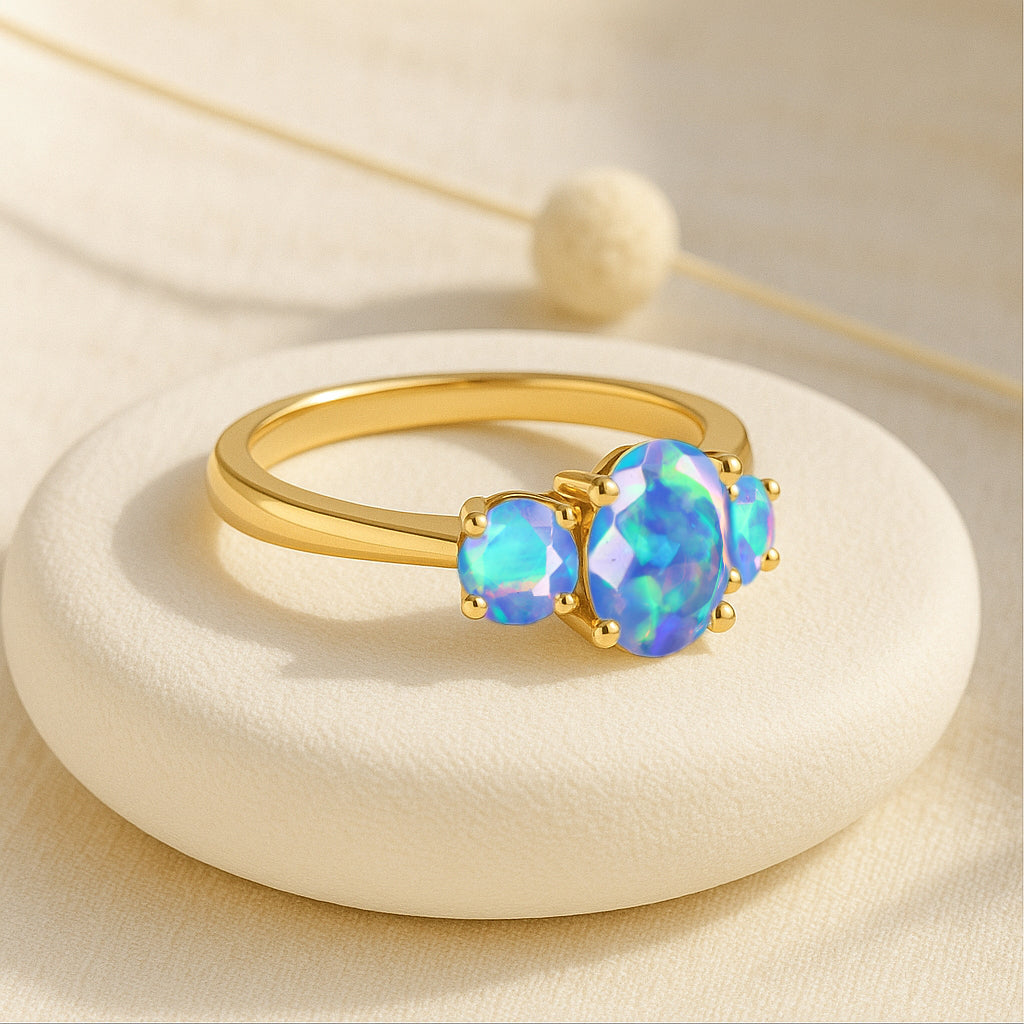 Engagement Wedding Three Stone Rings with Natural Blue Opal