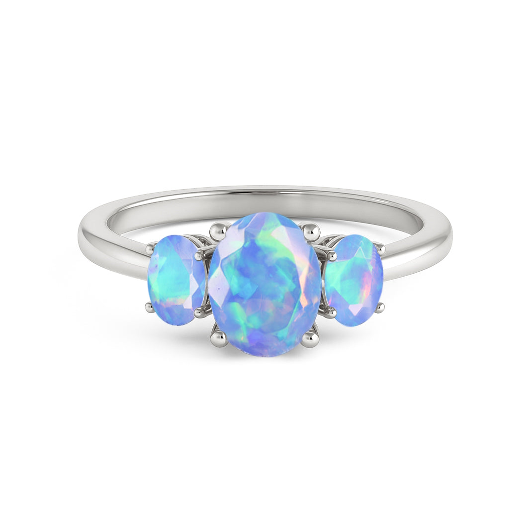 Engagement Wedding Three Stone Rings with Natural Blue Opal