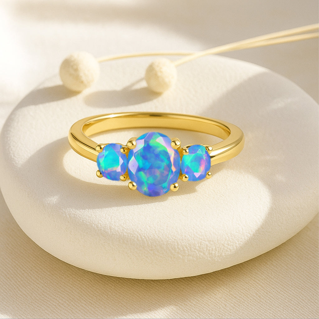 Engagement Wedding Three Stone Rings with Natural Blue Opal