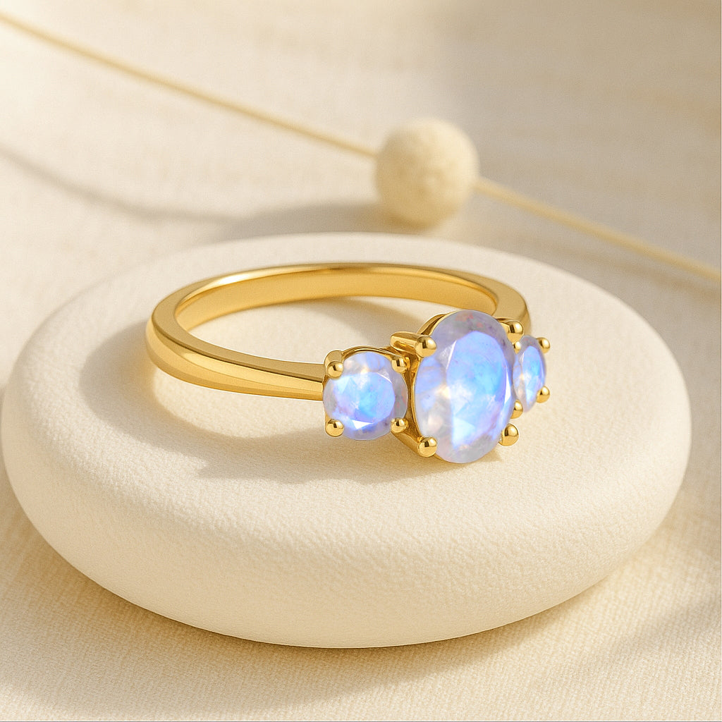 Engagement Wedding Three Stone Rings with Natural Moonstone