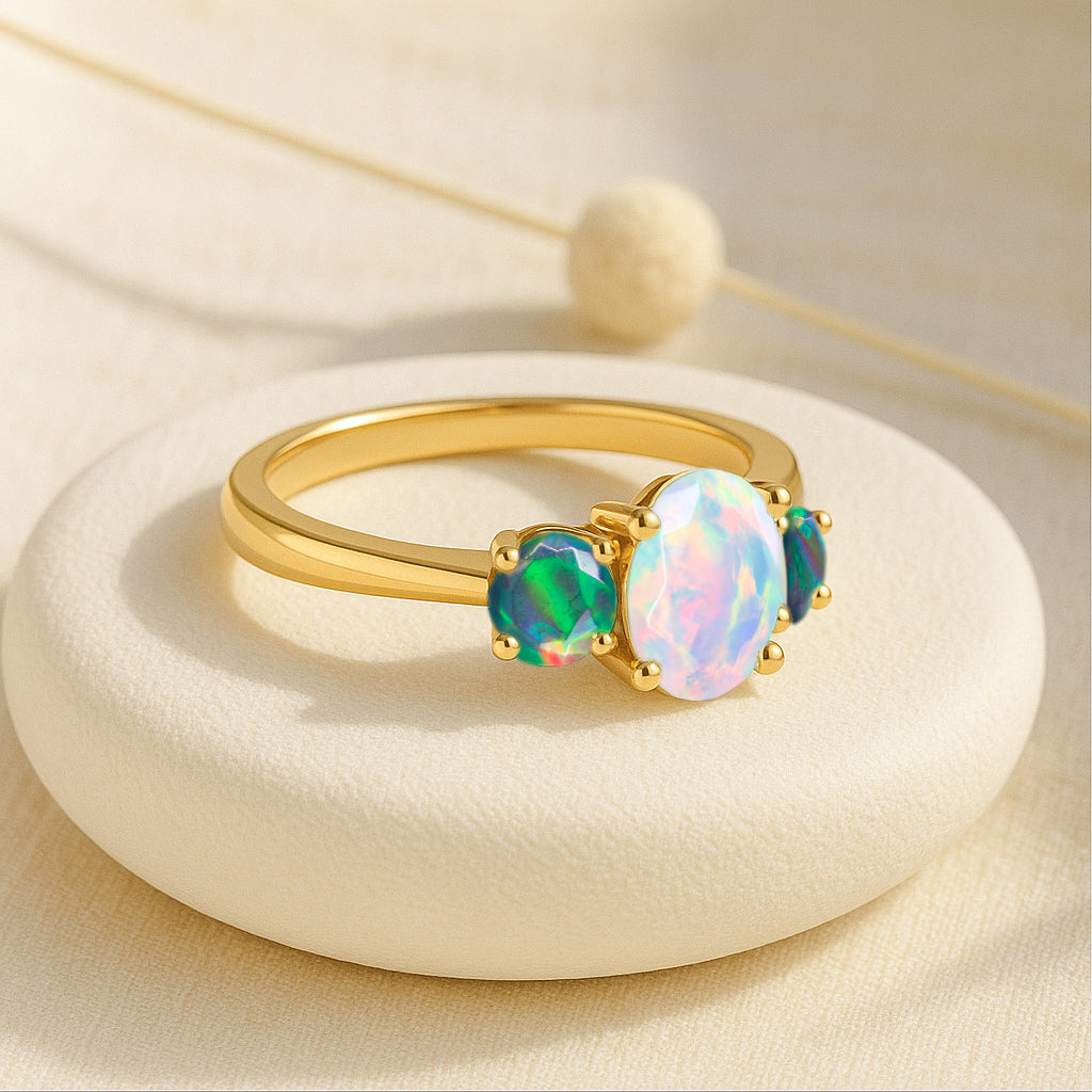 Engagement Wedding Three Stone Rings with Natural White & Black Opal
