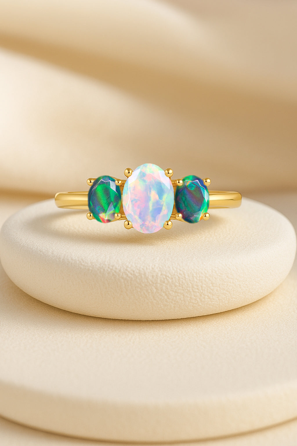 Engagement Wedding Three Stone Rings with Natural White & Black Opal