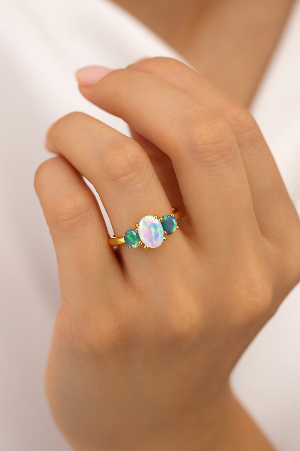 Engagement Wedding Three Stone Rings with Natural White & Black Opal