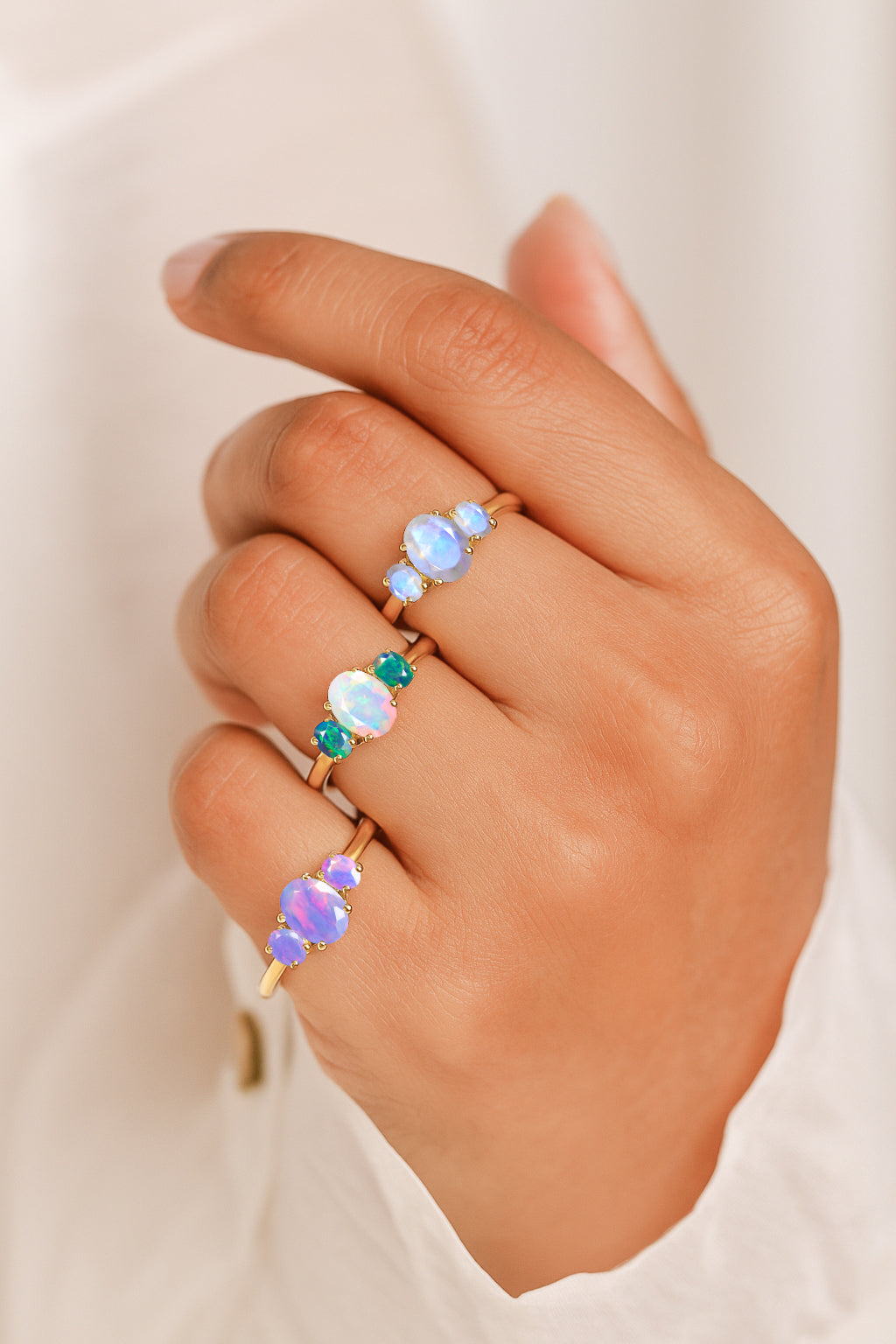 Engagement Wedding Three Stone Rings with Natural White & Black Opal