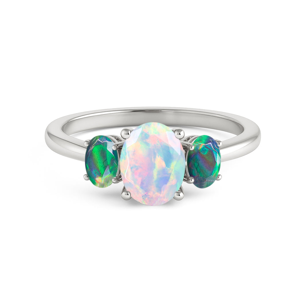 Engagement Wedding Three Stone Rings with Natural White & Black Opal