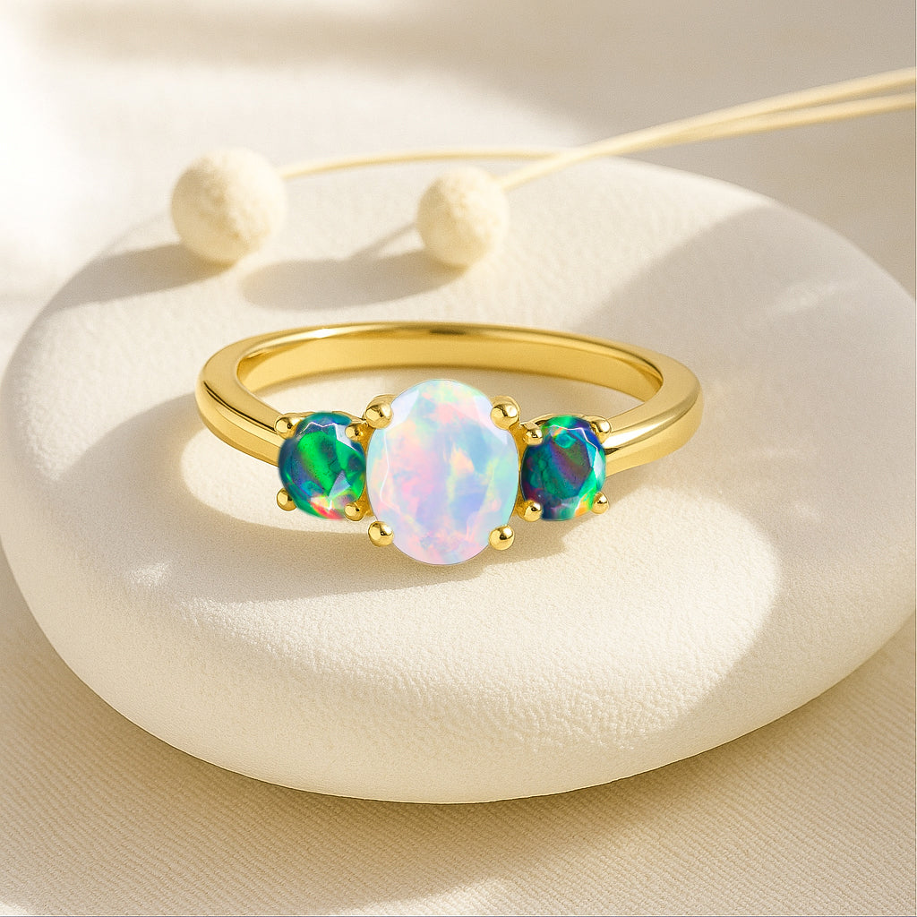Engagement Wedding Three Stone Rings with Natural White & Black Opal