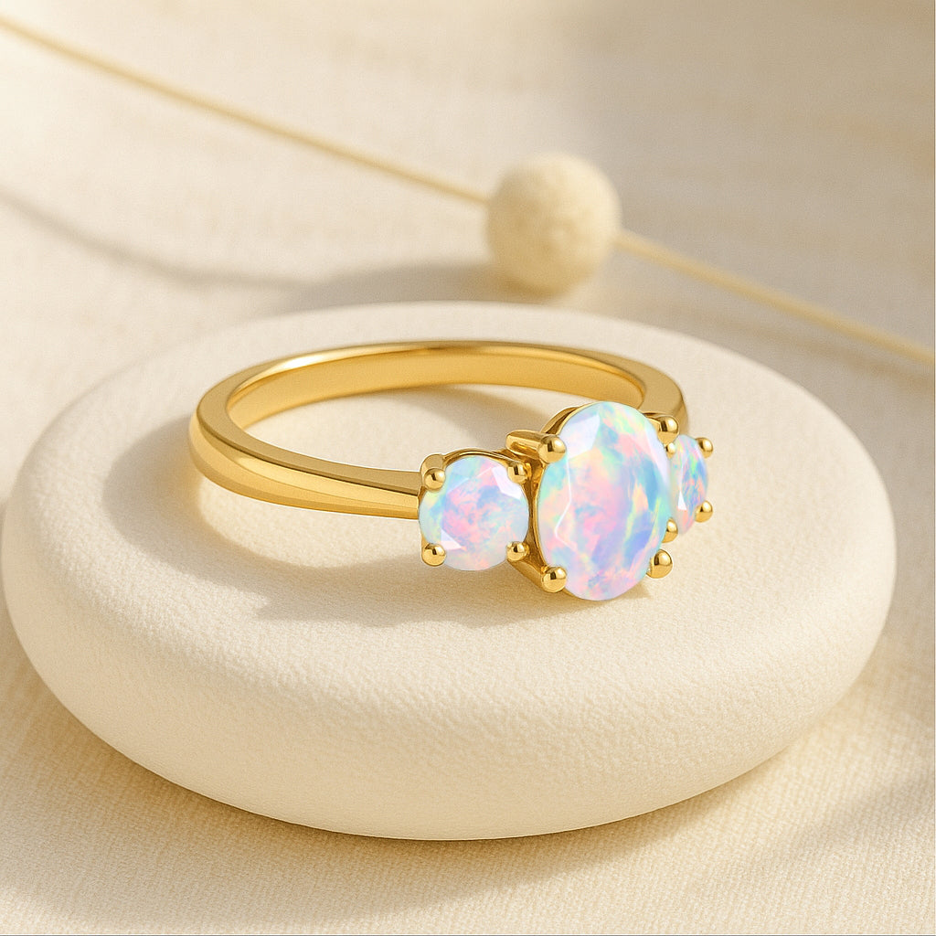 Engagement Wedding Three Stone Rings with Natural White Opal