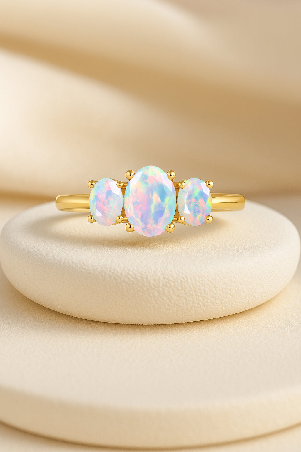 Engagement Wedding Three Stone Rings with Natural White Opal