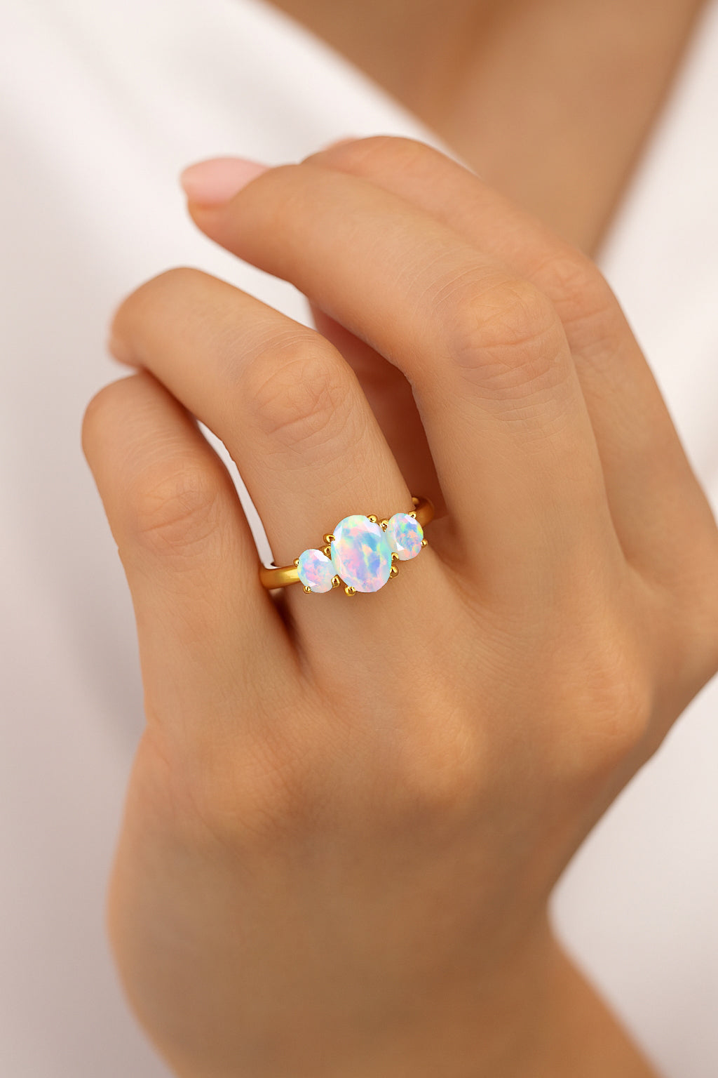 Engagement Wedding Three Stone Rings with Natural White Opal