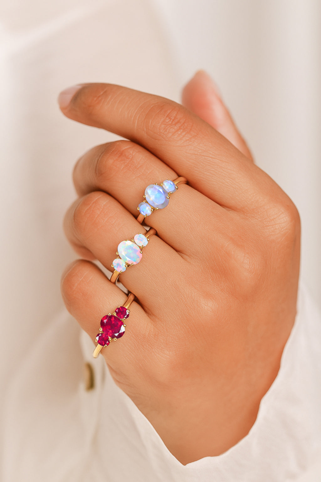 Engagement Wedding Three Stone Rings with Natural White Opal