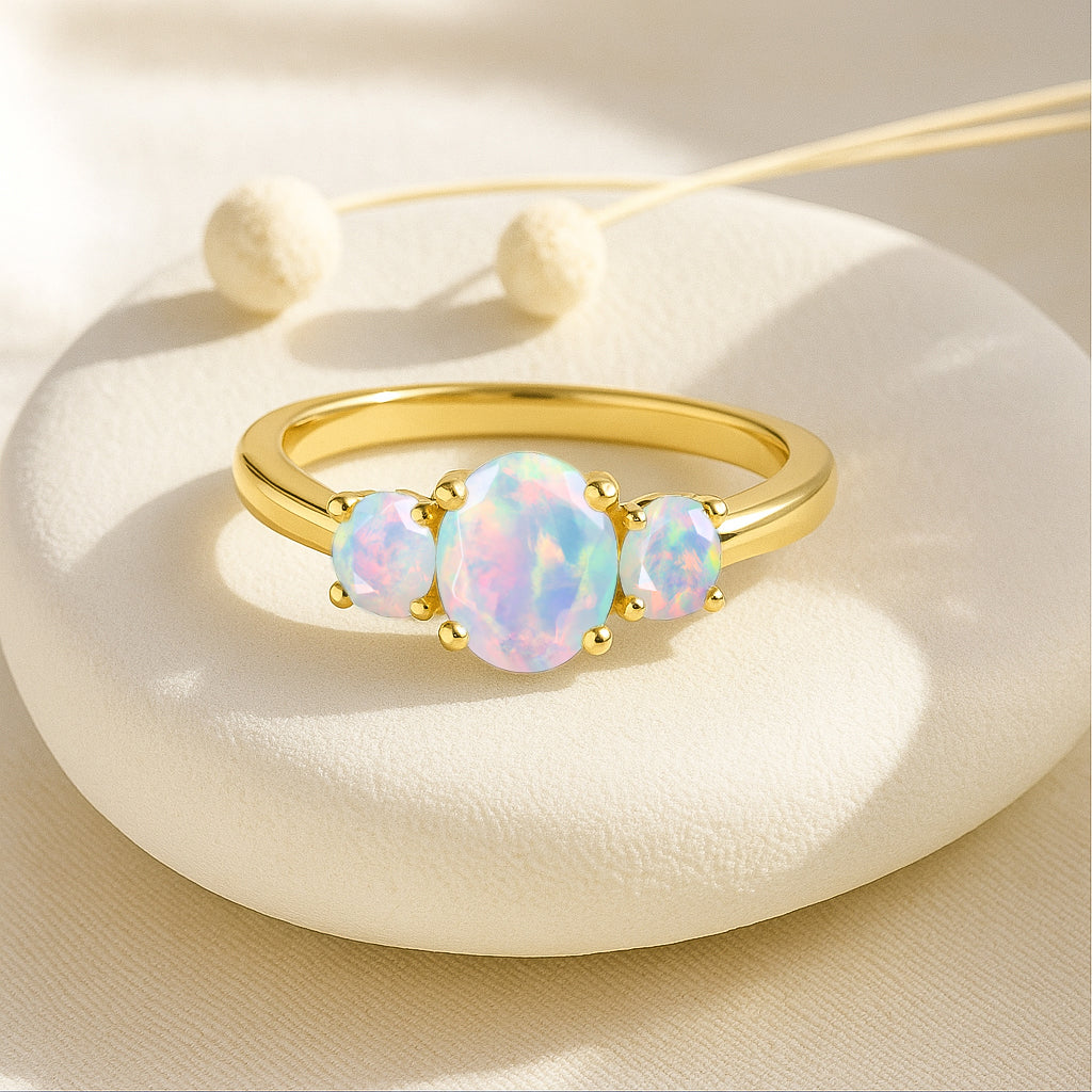 Engagement Wedding Three Stone Rings with Natural White Opal