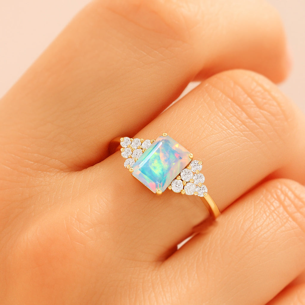 Natural White Opal Octagon Stone Solitaire Ring in Yellow Gold Filled & Sterling Silver