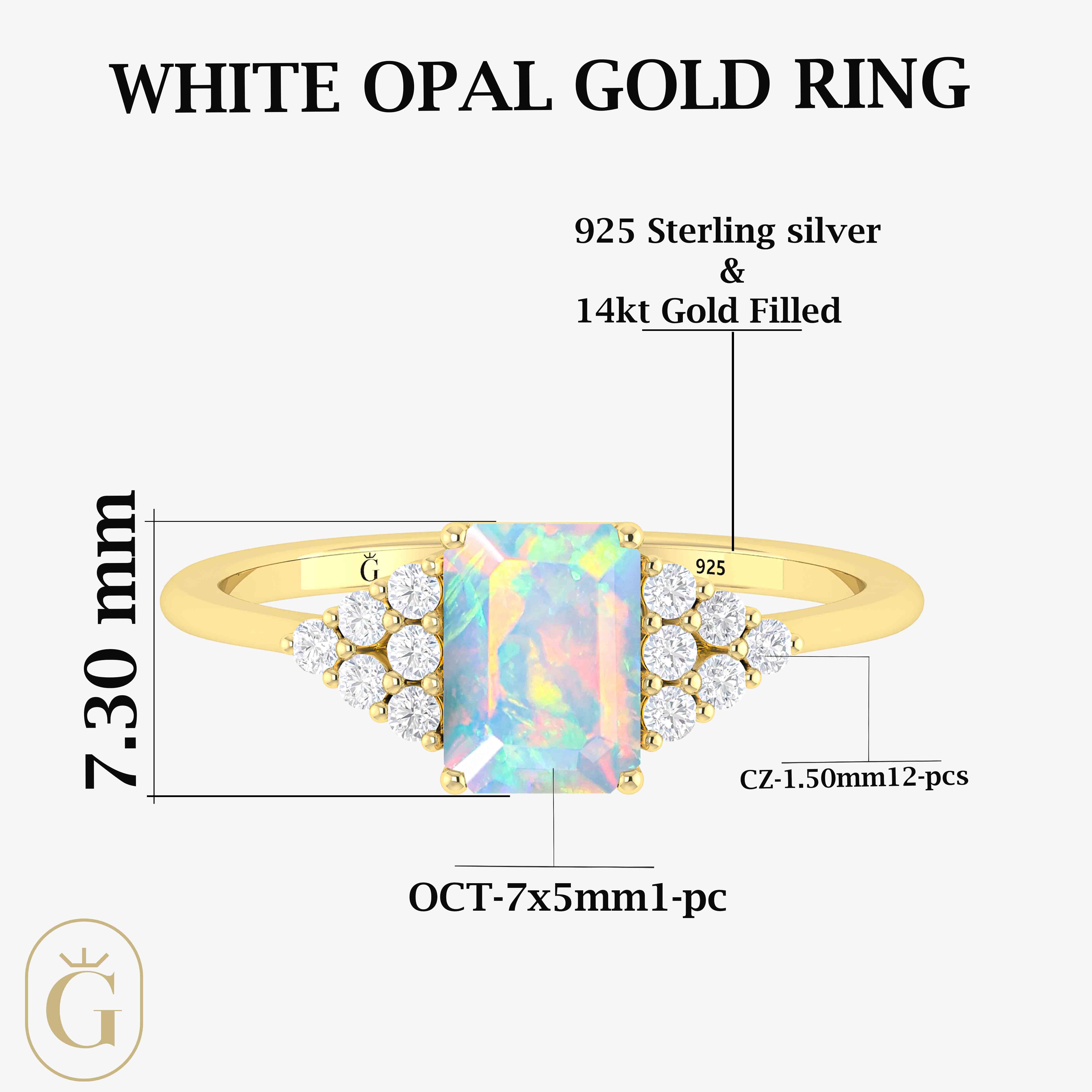 Natural White Opal Octagon Stone Solitaire Ring in Yellow Gold Filled & Sterling Silver