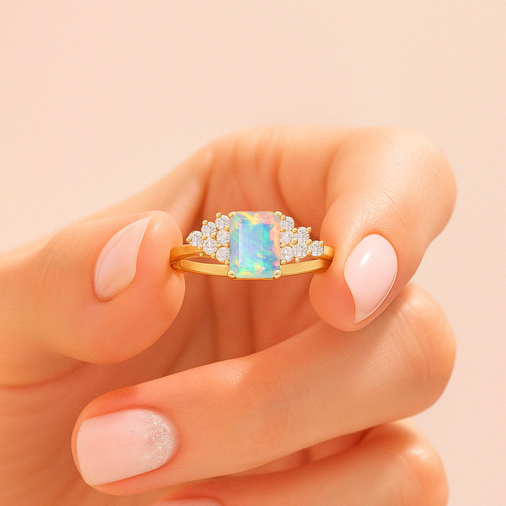 Natural White Opal Octagon Stone Solitaire Ring in Yellow Gold Filled & Sterling Silver