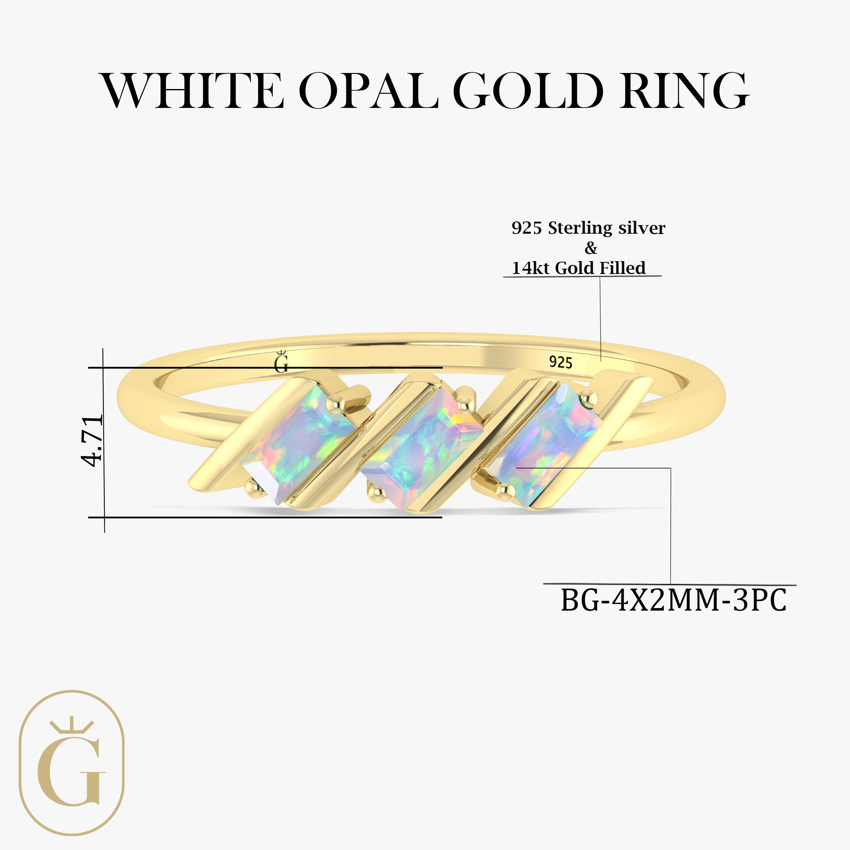 Natural White Opal Baguette Style Three Stone Ring in Gold Filled & Sterling Silver