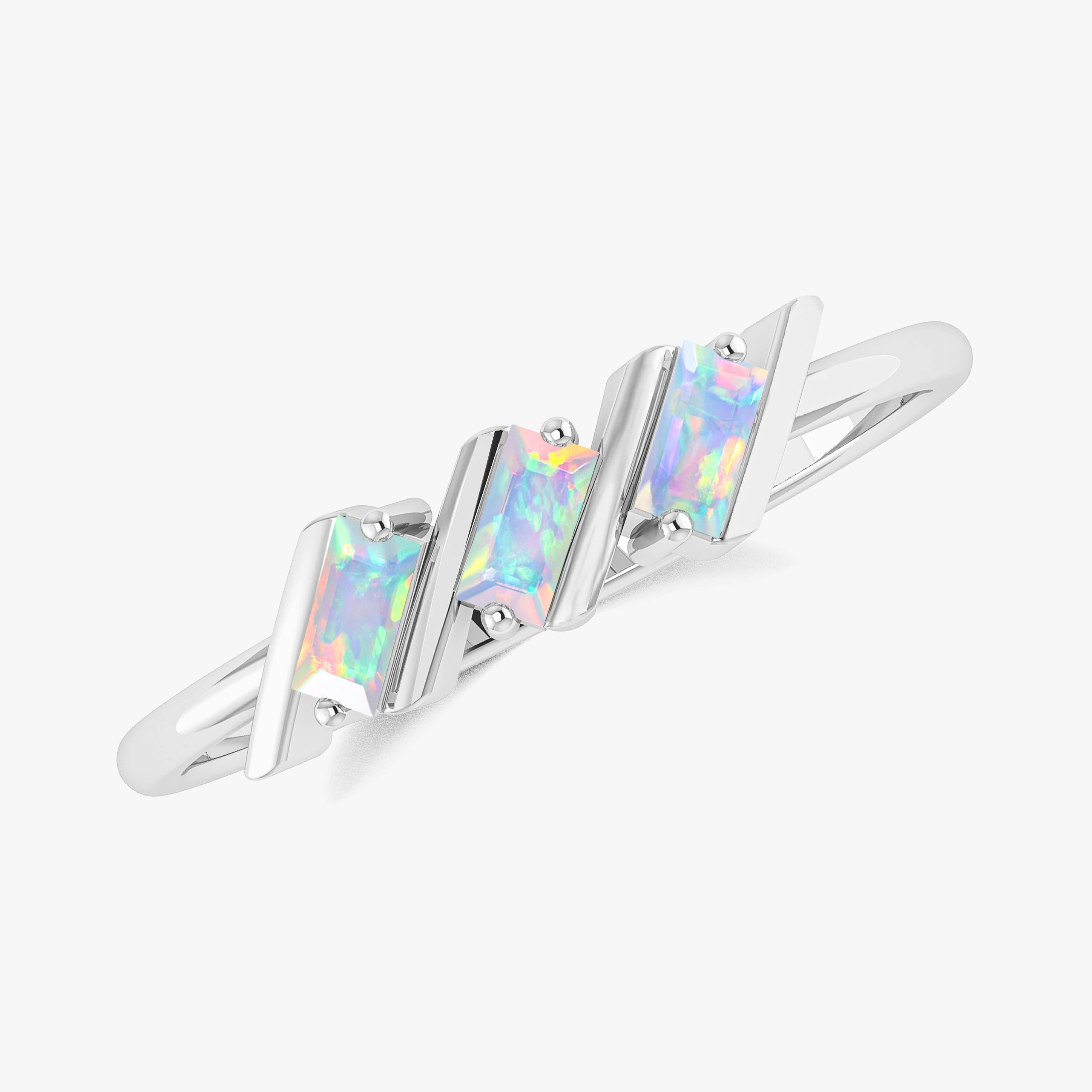 Natural White Opal Baguette Style Three Stone Ring in Gold Filled & Sterling Silver
