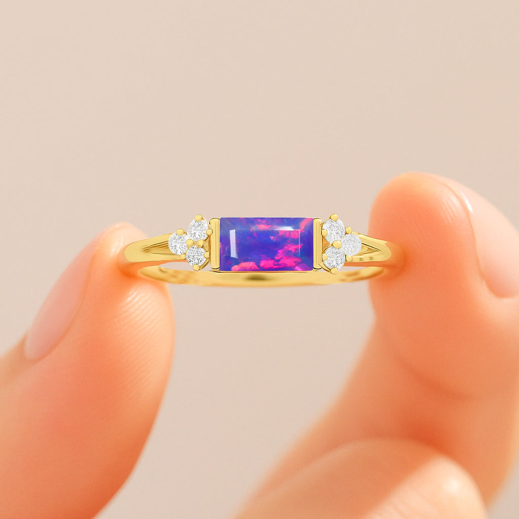 Baguette Shape Natural Lavender Opal Designer Ring in Gold Filled & Sterling Silver