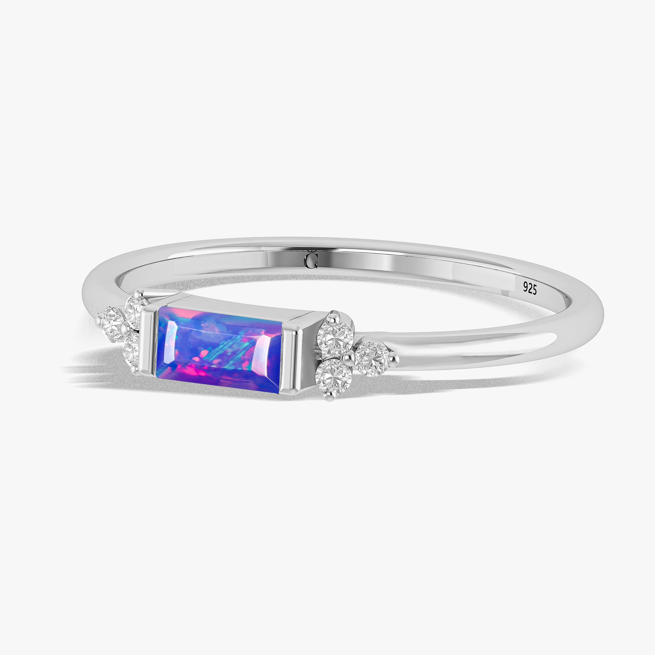 Baguette Shape Natural Lavender Opal Designer Ring in Gold Filled & Sterling Silver