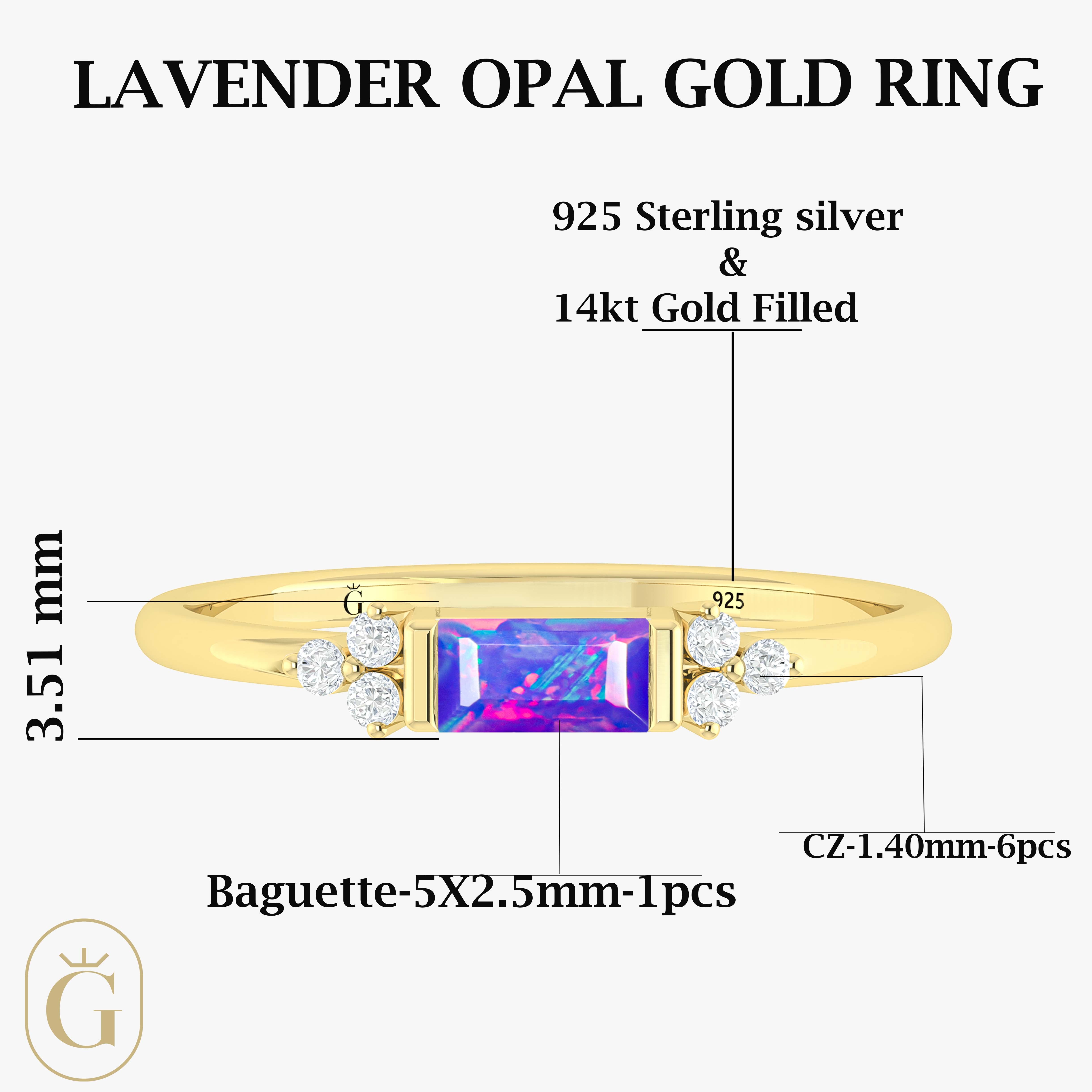 Baguette Shape Natural Lavender Opal Designer Ring in Gold Filled & Sterling Silver